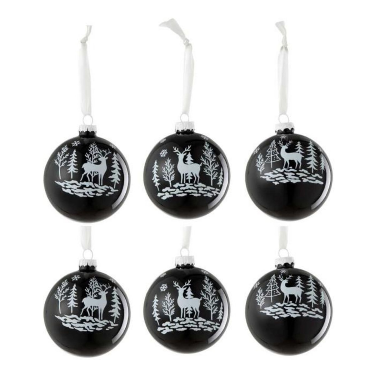 Paris Prix Lot de 6 Boules de Noël  Renne  8cm Noir & Blanc