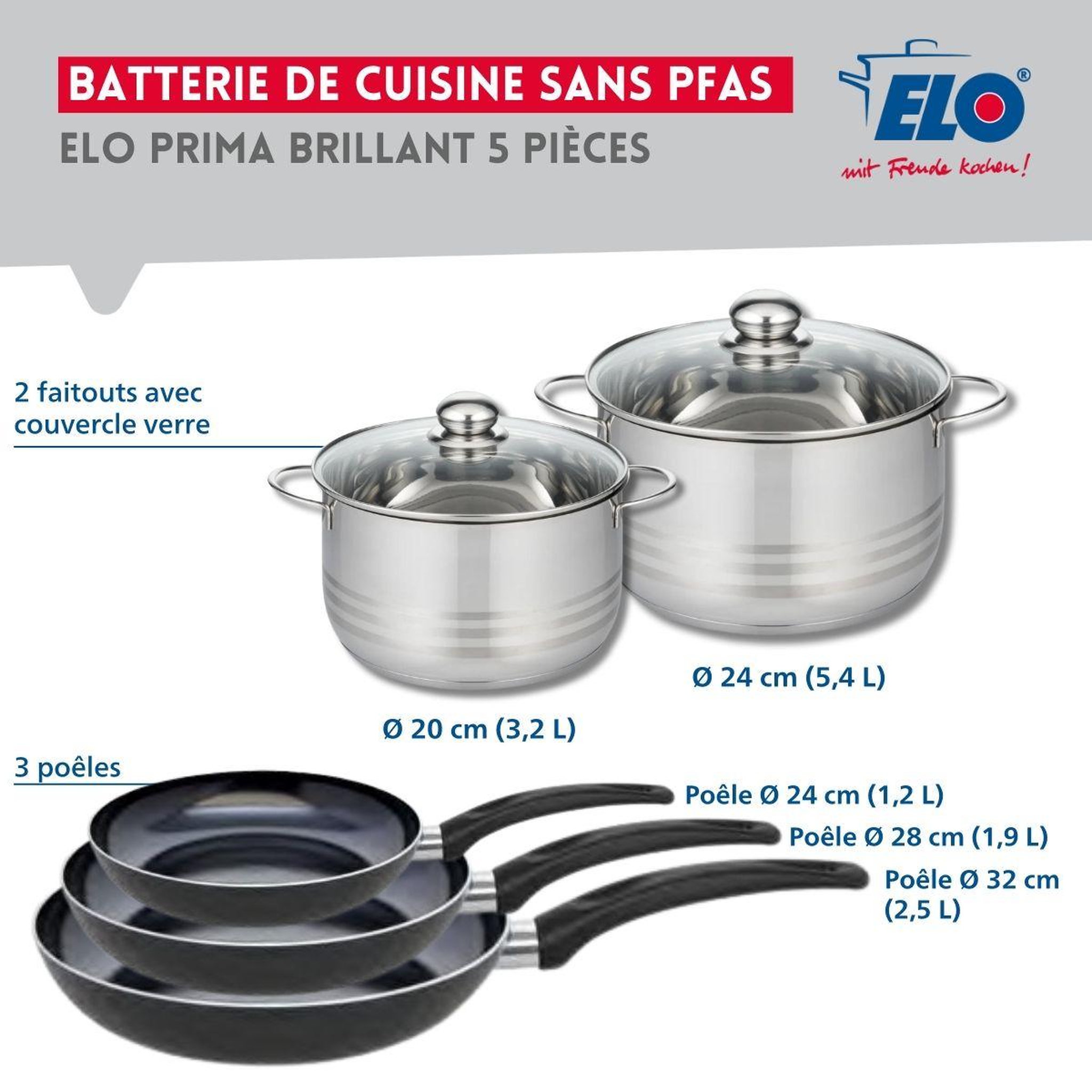 Voir la diapositive 2 : ELO Ensemble de 3 poêles de cuisson 24, 28 et 32 cm et 2 faitouts 20 et 24 cm elo prima brillant