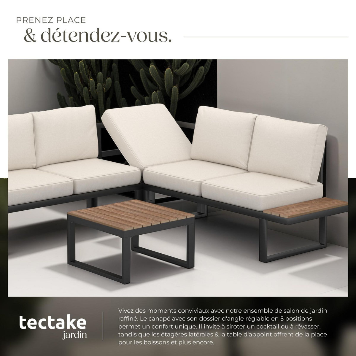 tectake Ensemble de salon de jardin avec cadre en aluminium laqué époxy noir