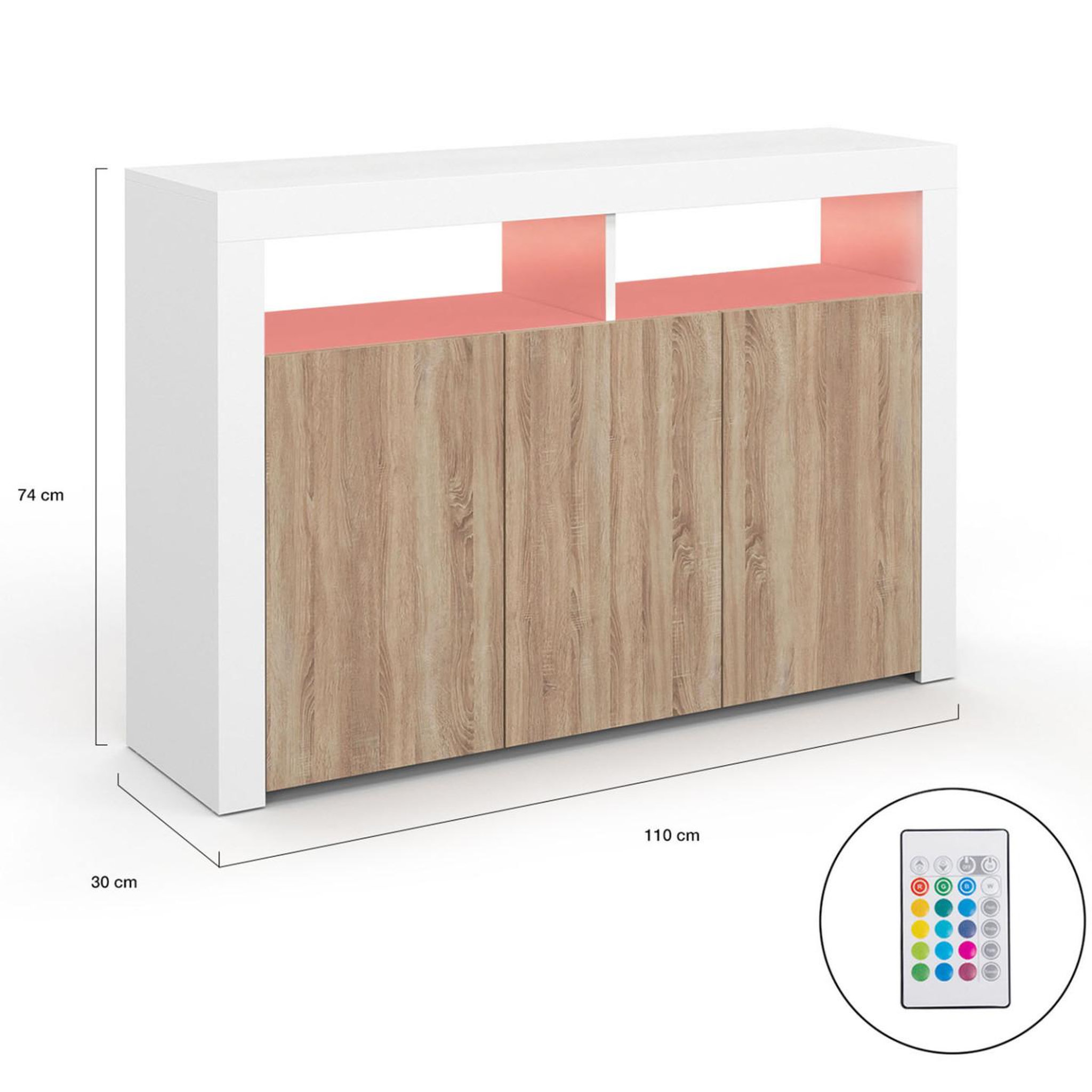 Voir la diapositive 5 : ID MARKET Buffet 110 cm elight 3 portes avec led et niches blanc et bois façon hêtre