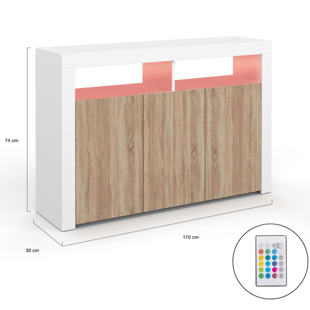 ID MARKET Buffet 110 cm ELIGHT 3 portes avec LED et niches blanc et bois façon hêtre