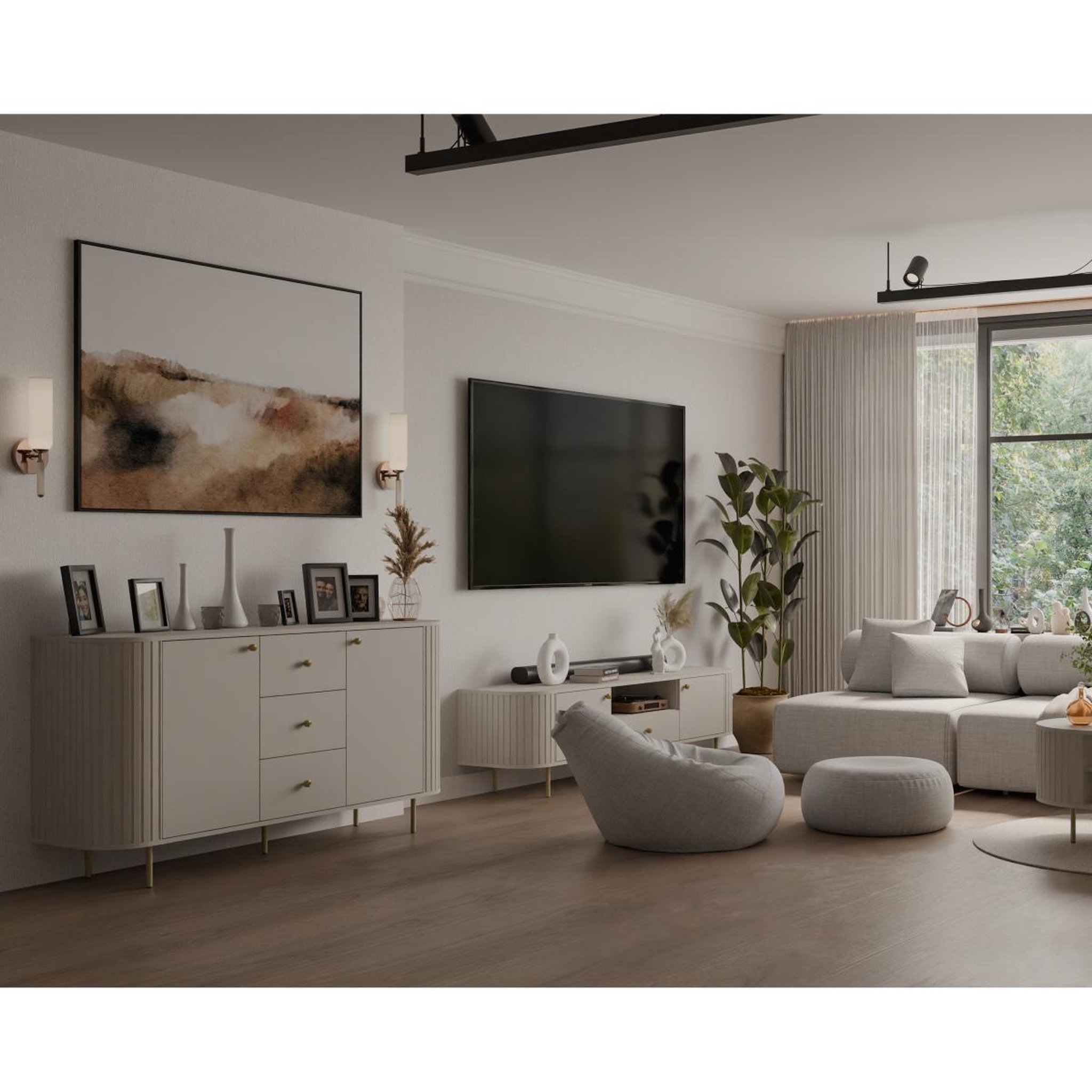 Voir la diapositive 5 : JLC KREATION Buffet bas arrondi beige cachemire avec tiroirs 165cm lilio