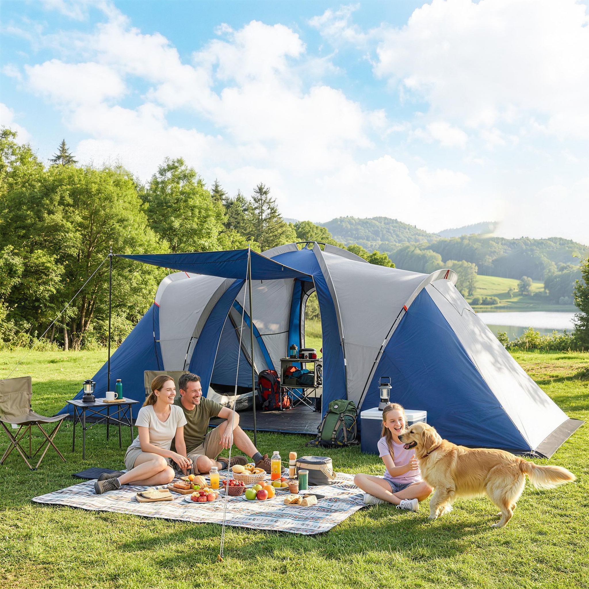 Voir la diapositive 6 : OUTSUNNY Tente de camping tunnel familiale 4-5 pers. Imperméable 3000mm - 550x220x190cm - bleu