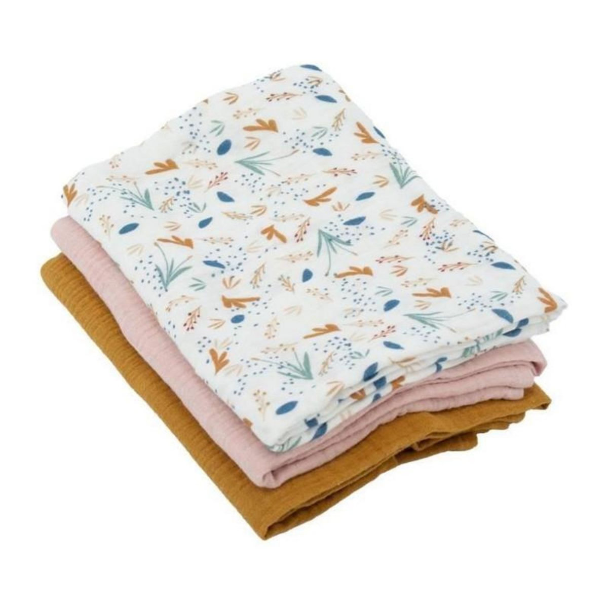 DOMIVA Lot de 3 langes Bambou - DOMIVA - 1 Imprimé + 2 Uni - Rose caramel - 60x60 cm