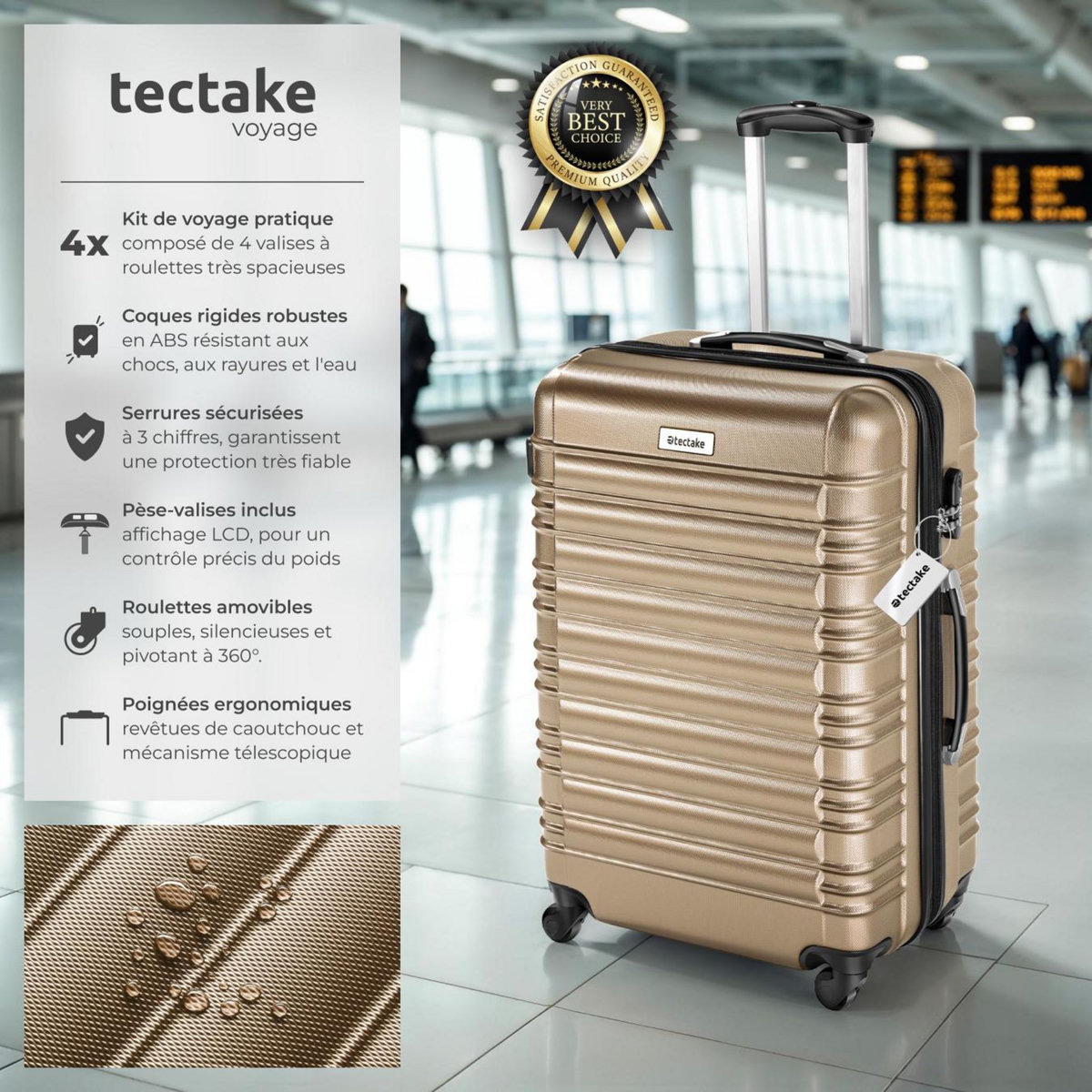 tectake Set de valises rigides 4 pièces en plastique ABS robuste, pèse-bagages et une étiquette de valise incluses champagne