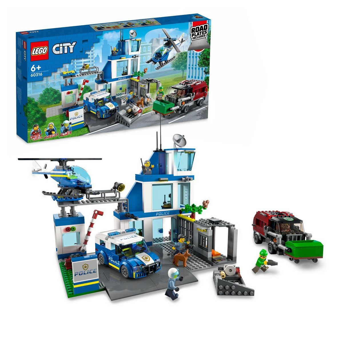 LEGO City 60316 Le Commissariat de Police, Set avec Jouets Camion de Poubelle et Hélicoptère