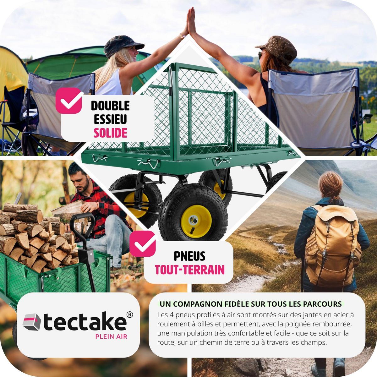 tectake Chariot de jardin et de transport avec des parois latérales rabattables vert