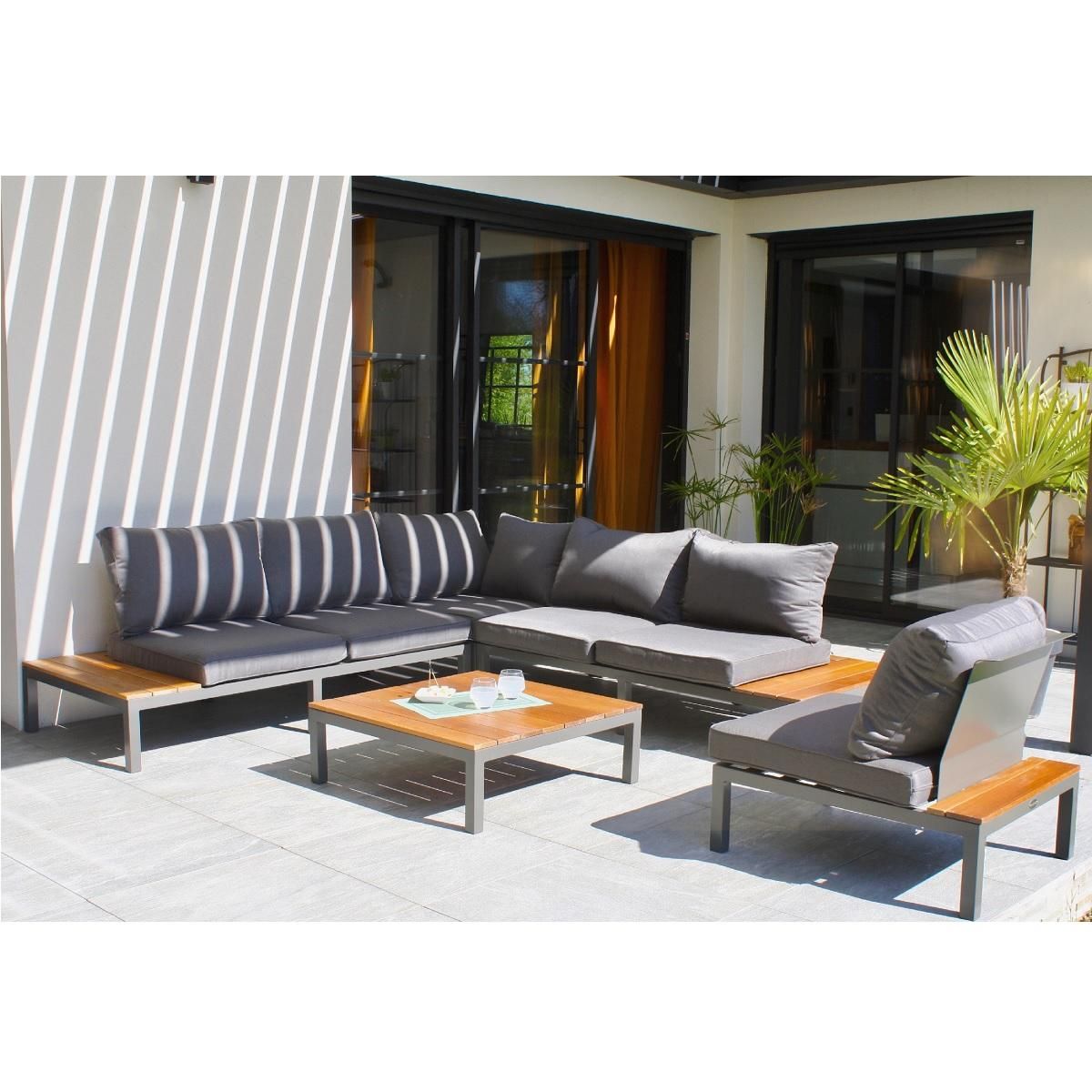 DCB GARDEN Salon bas de jardin - 6 places - Aluminium/bois - Anthracite - NAGANO