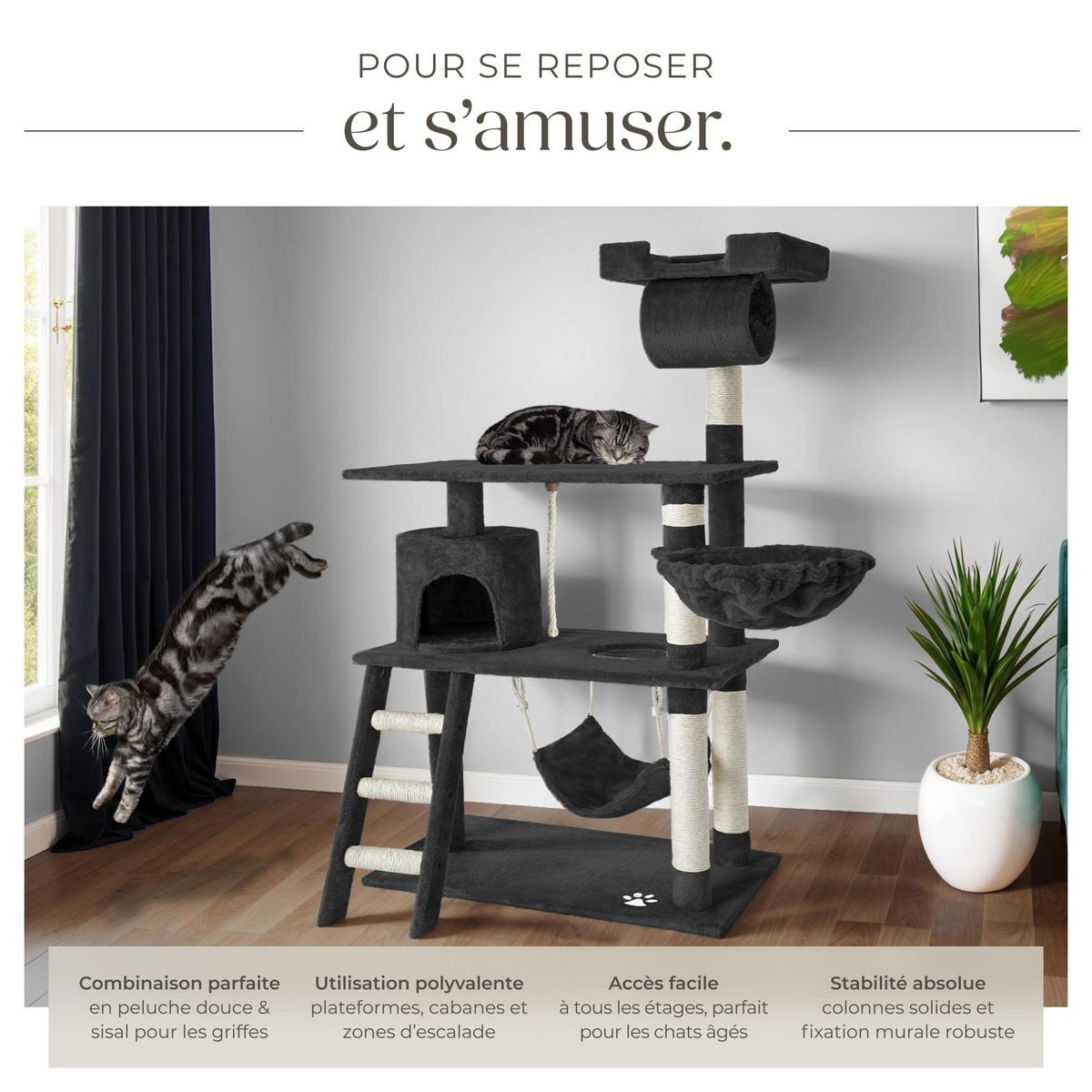 tectake Arbre à chat 141 cm avec griffoir et plateforme d'escalade noir