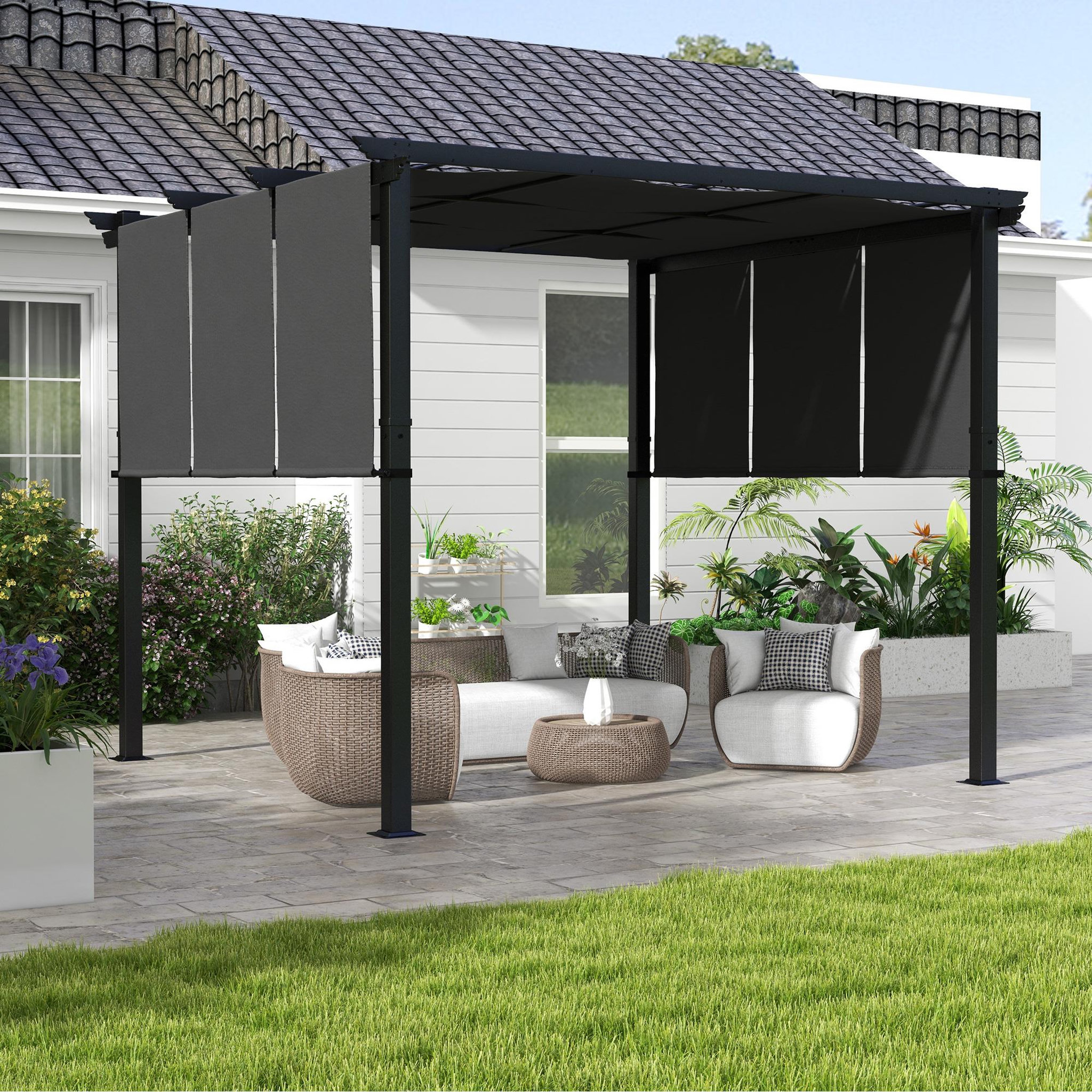 Voir la diapositive 2 : OUTSUNNY Pergola 3 toiles coulissantes - dim. 2,97L x 2,97l x 2,38H m - acier époxy polyester haute densité anthracite