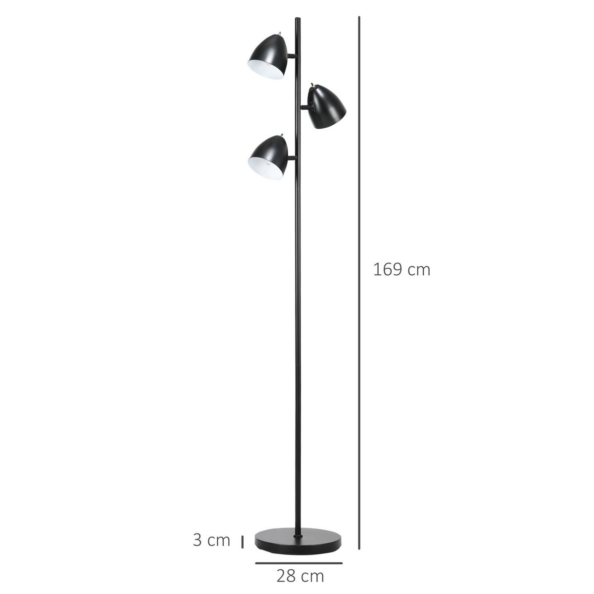 HOMCOM Lampadaire design industriel 3 ampoules max. 40 W abats-jours orientables acier noir