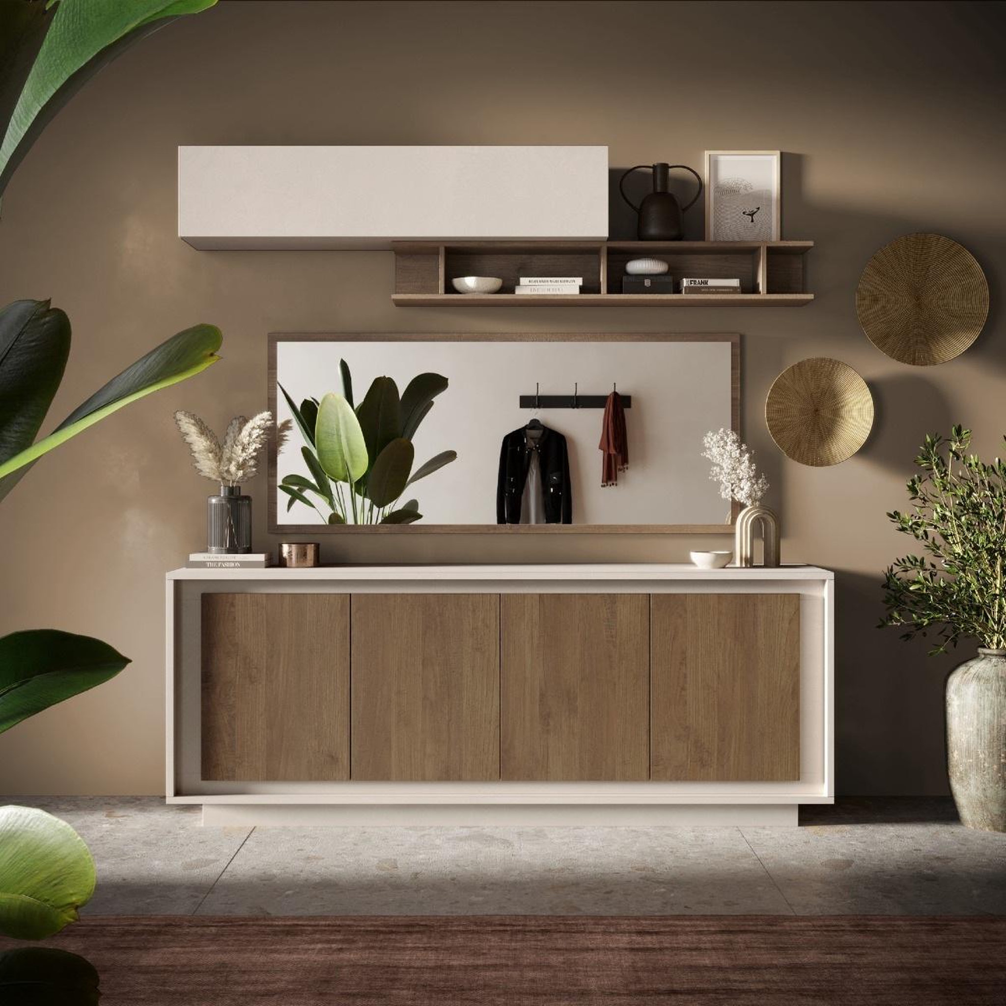 Voir la diapositive 2 : JLC KREATION Buffet bas contemporain 4 portes beige et noyer yori