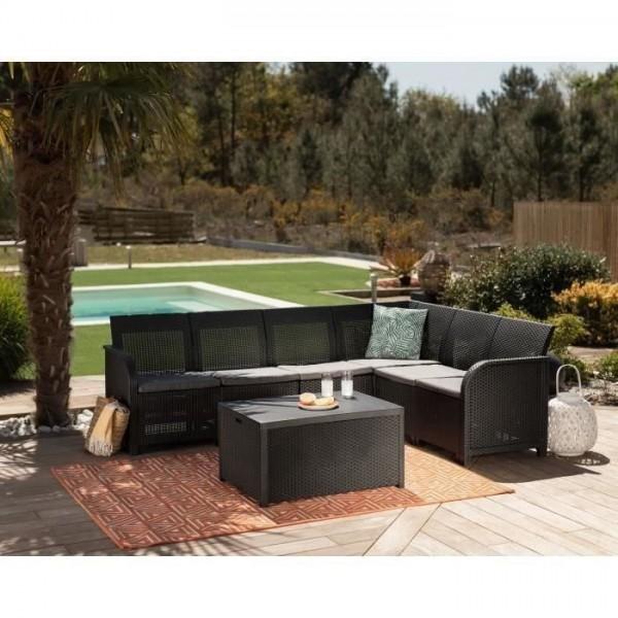ALLIBERT by KETER Salon de jardin en imitation résine tressée ALLIBERT avec table basse range-coussins - 6 personnes - SanRemo - Gris graphite