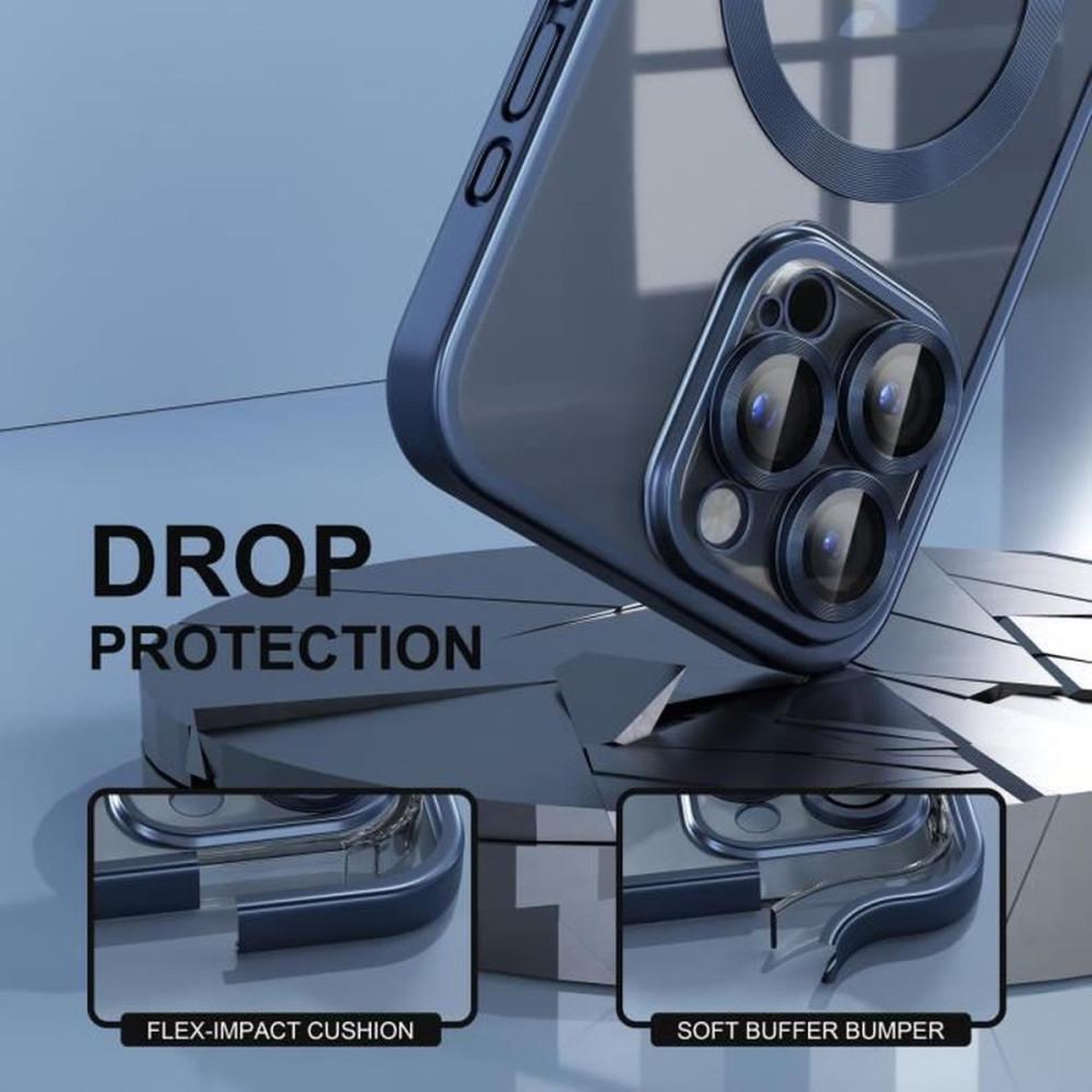 Voir la diapositive 4 : Coque TPU magnétique de protection militaire pour iPhone 14 Pro Max, transparente bleu anti-jaunissement