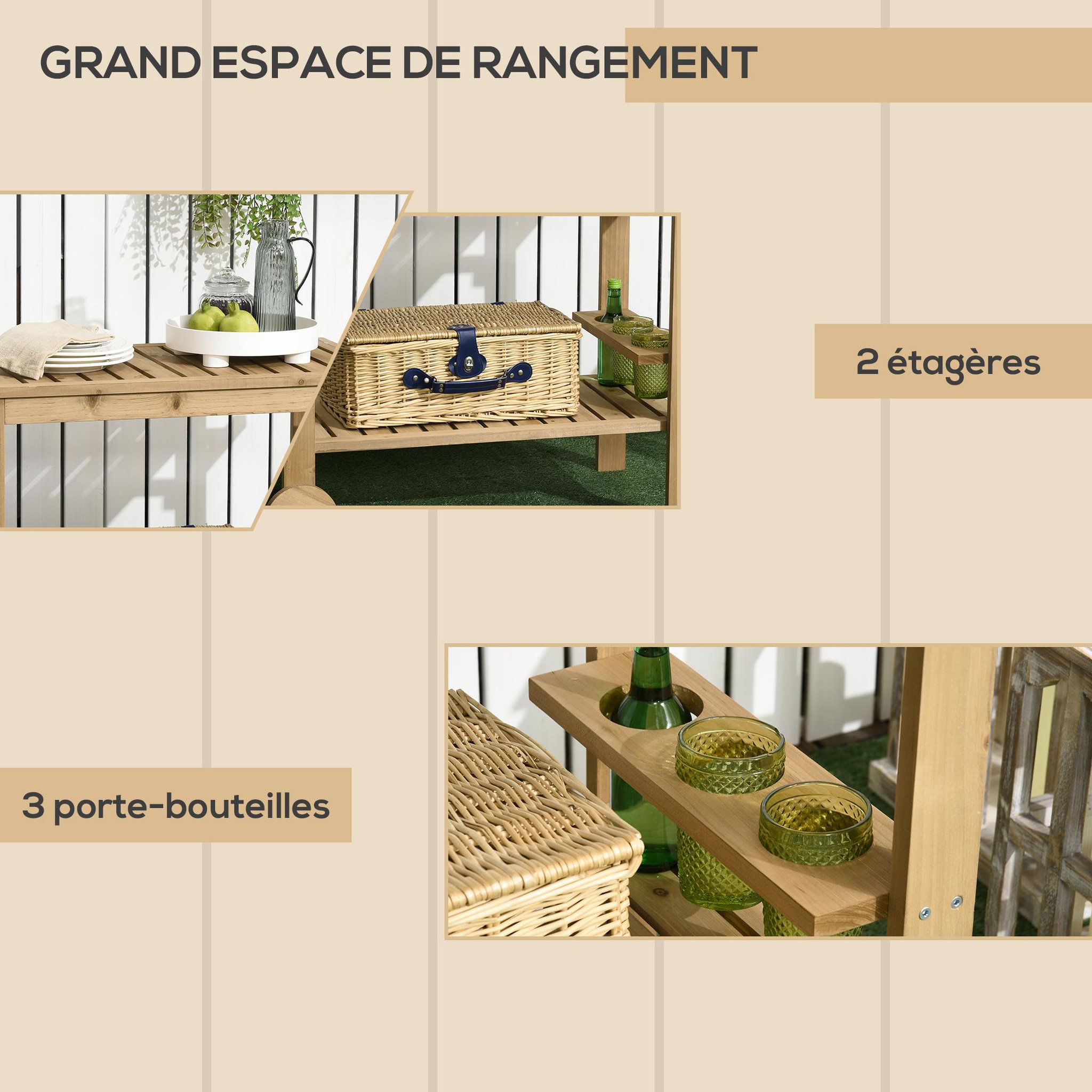 Voir la diapositive 4 : OUTSUNNY Desserte de jardin - desserte pour plancha - étagère, 3 porte-bouteilles, 2 roues, poignée - bois sapin pré-huilé