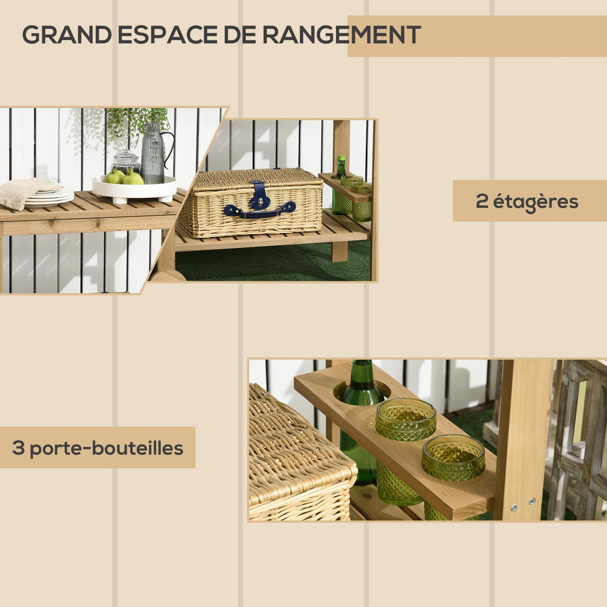 OUTSUNNY Desserte de jardin - desserte pour plancha - étagère, 3 porte-bouteilles, 2 roues, poignée - bois sapin pré-huilé