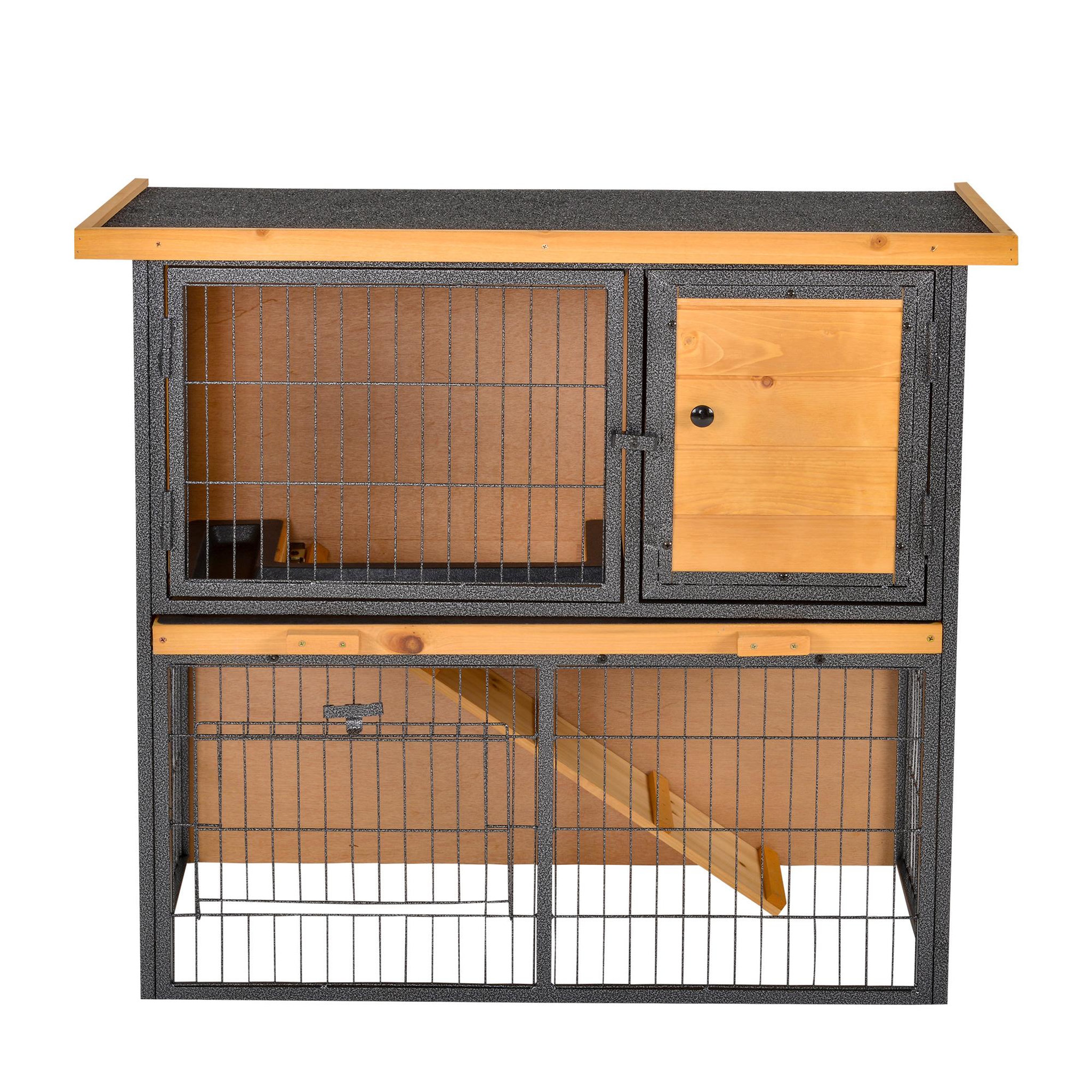 Voir la diapositive 4 : PAWHUT Clapier à lapin cage à lapin 2 niveaux 3 portes verrouillables rampe toit ouvrant bitûmé métal époxy pin pré-huilé