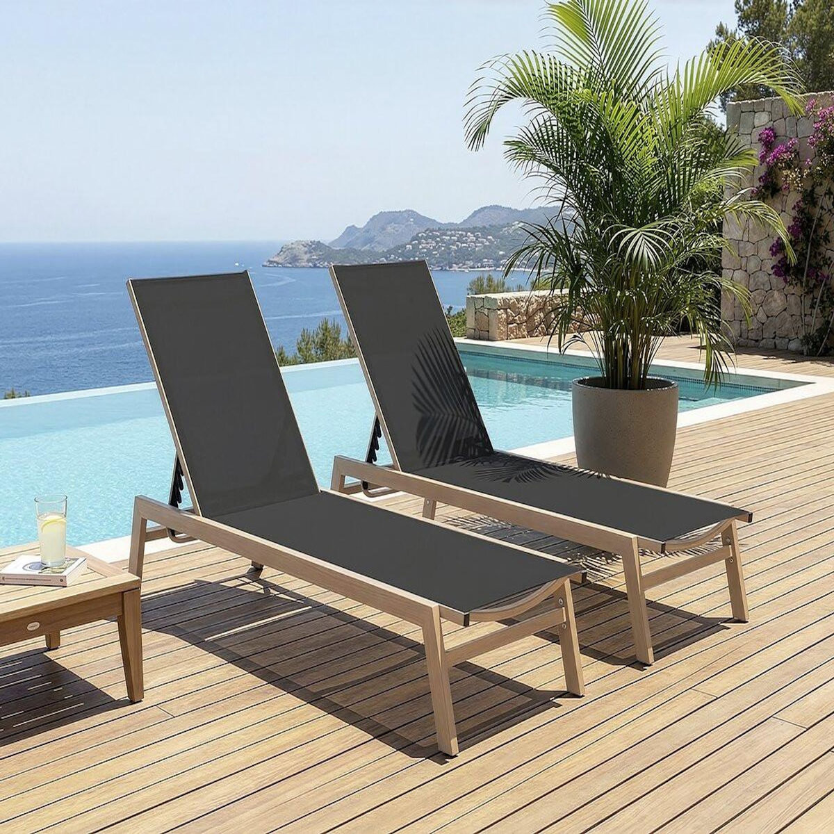 Habitat et Jardin Lot de 2 bains de soleil en aluminium imitation bois  Elysia  - Noir