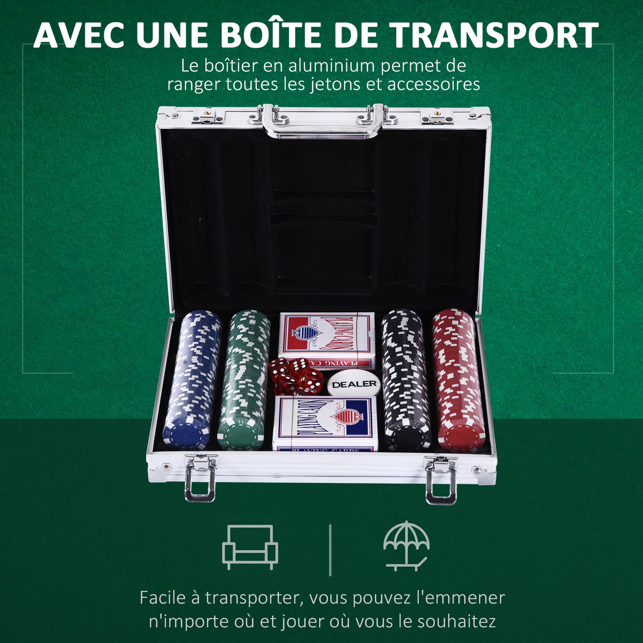 Voir la diapositive 4 : HOMCOM Mallette pro poker coffret complet 30L x 21l x 6,5H cm 200 jetons 2 jeux de cartes + 2 clés aluminium