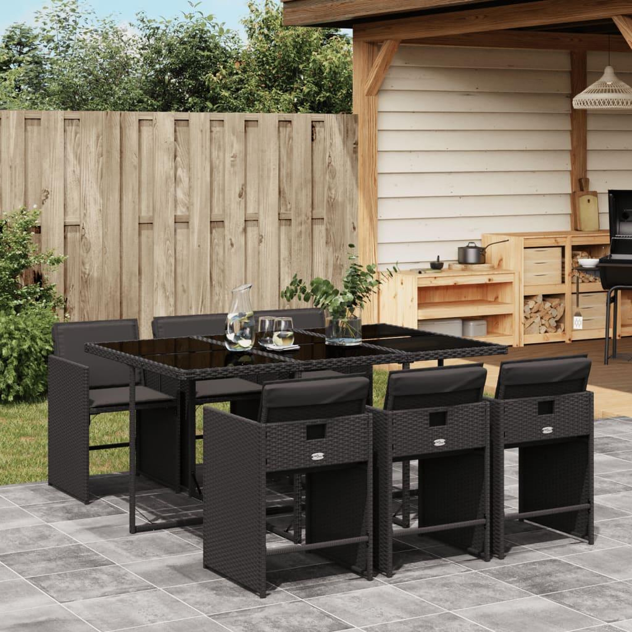 VIDAXL Ensemble a manger de jardin coussins 7pcs Noir Resine tressee