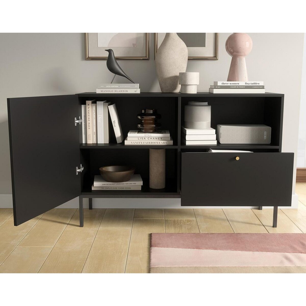 BEST MOBILIER Felicia - buffet bas - noir - 1 porte, 1 tiroir et 1 niche - 120 cm