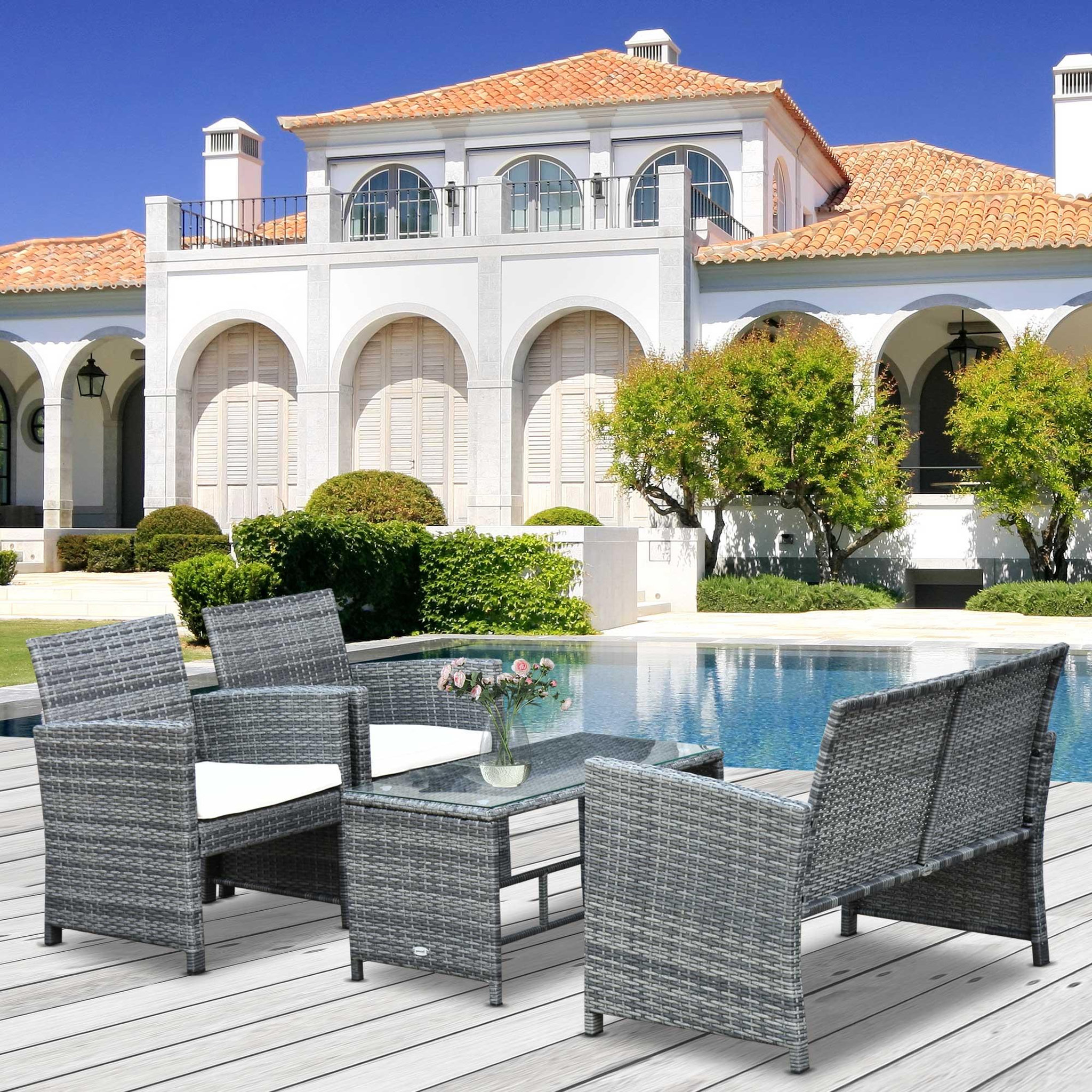 Voir la diapositive 2 : OUTSUNNY Outsunny Ensemble salon de jardin 4 places : canapé, 2 fauteuils et table basse plateau verre trempé résine tressée imitation rotin gris coussins crème
