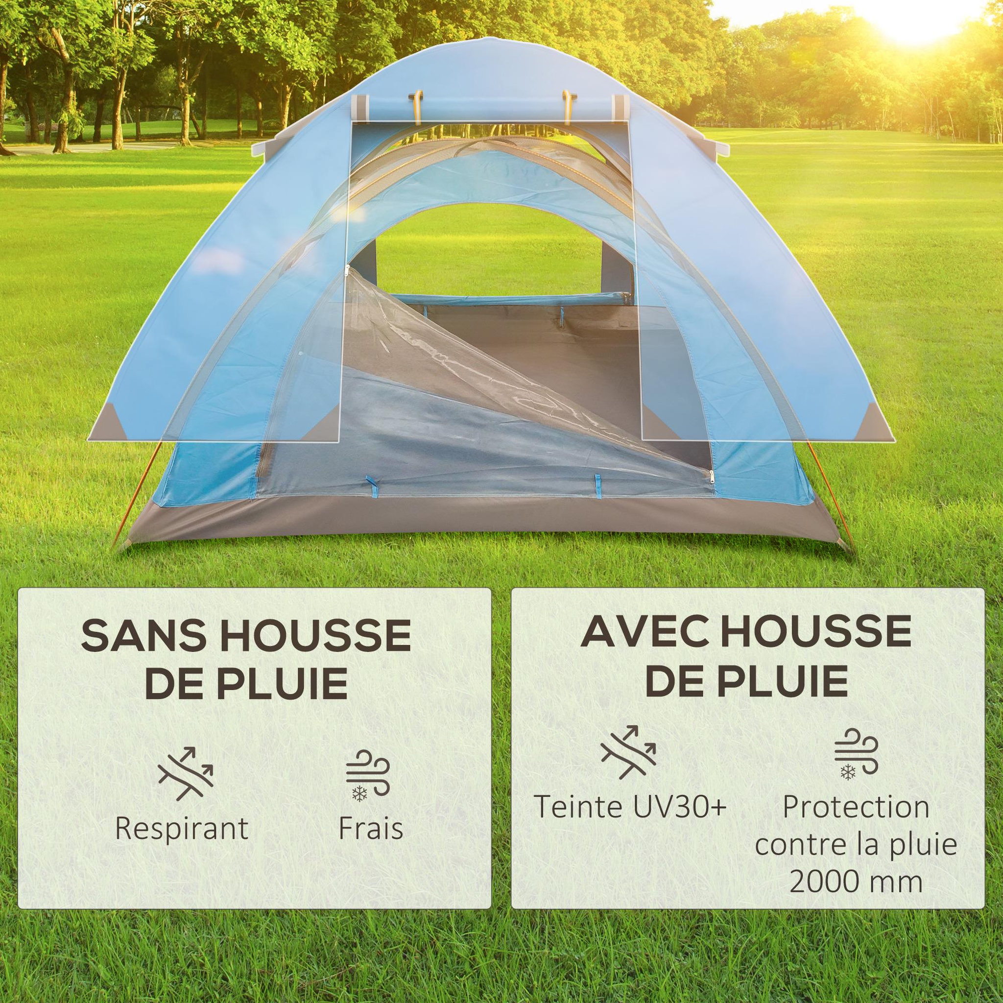 Voir la diapositive 4 : OUTSUNNY Tente de camping 2-3 personnes dim. 268L x 214l x 103H cm - 2 portes zippées, tapis sol, sac transport - alu. polyester gris bleu