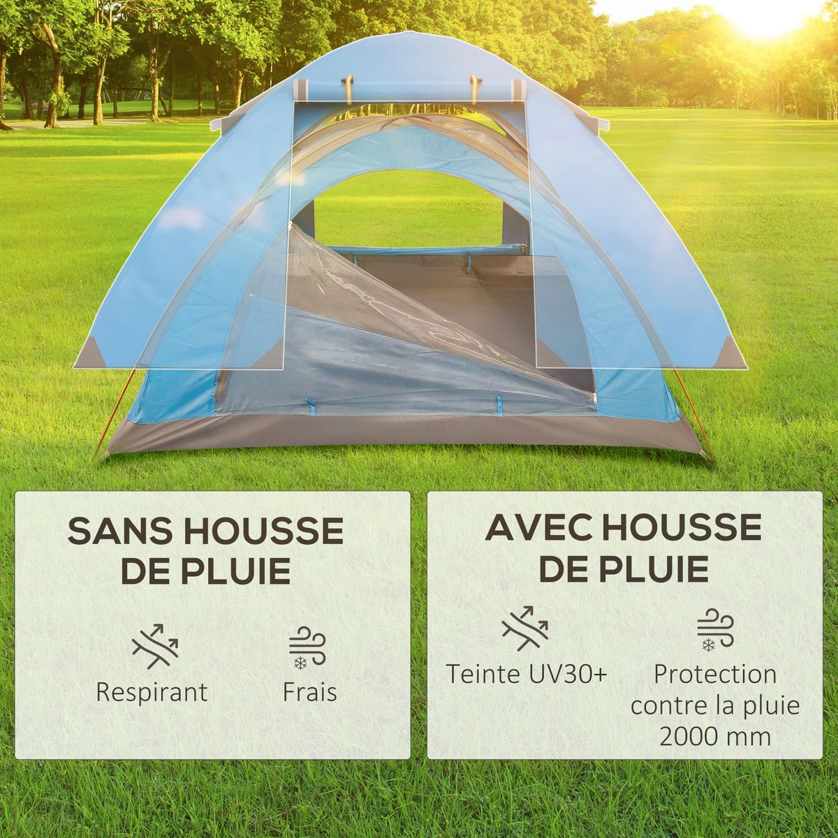 OUTSUNNY Tente de camping 2-3 personnes dim. 268L x 214l x 103H cm - 2 portes zippées, tapis sol, sac transport - alu. polyester gris bleu