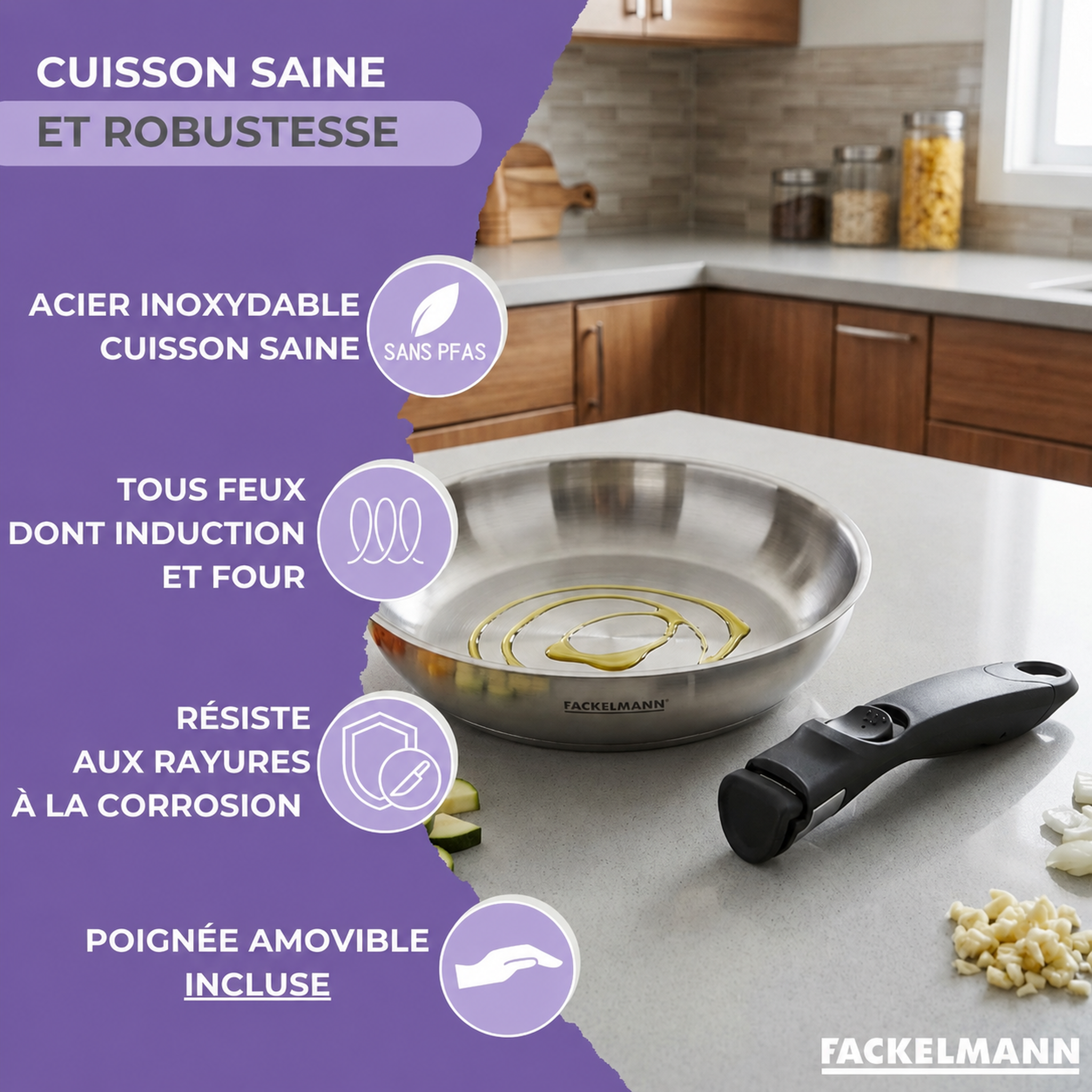 Voir la diapositive 3 : Fackelmann Lot de 1 poêle 24 cm en inox et 1 manche amovible fackelmann inogrip