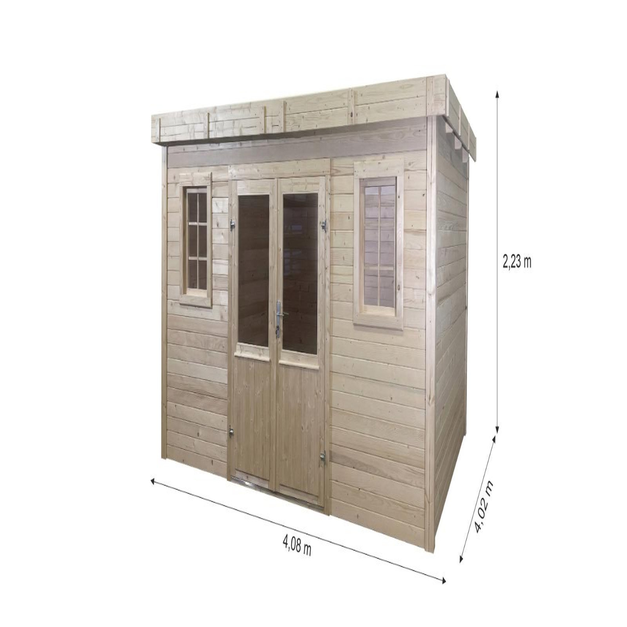 CENTRALE BRICO Abri de jardin bois massif 14,02 m² - madriers 28 mm - toit plat bac acier - double porte vitrée sécurisée