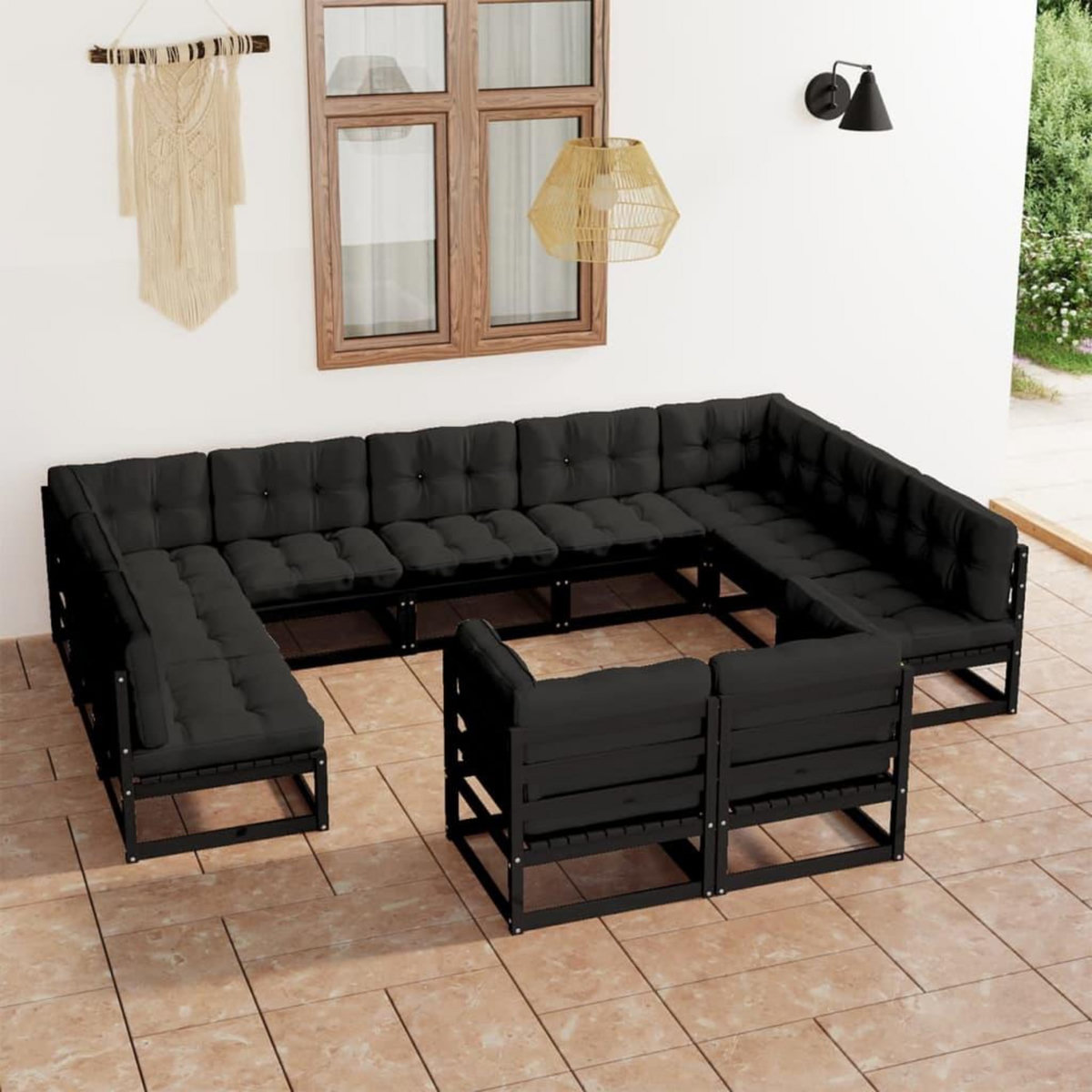 VIDAXL Salon de jardin 11 pcs avec coussins Noir Bois de pin massif