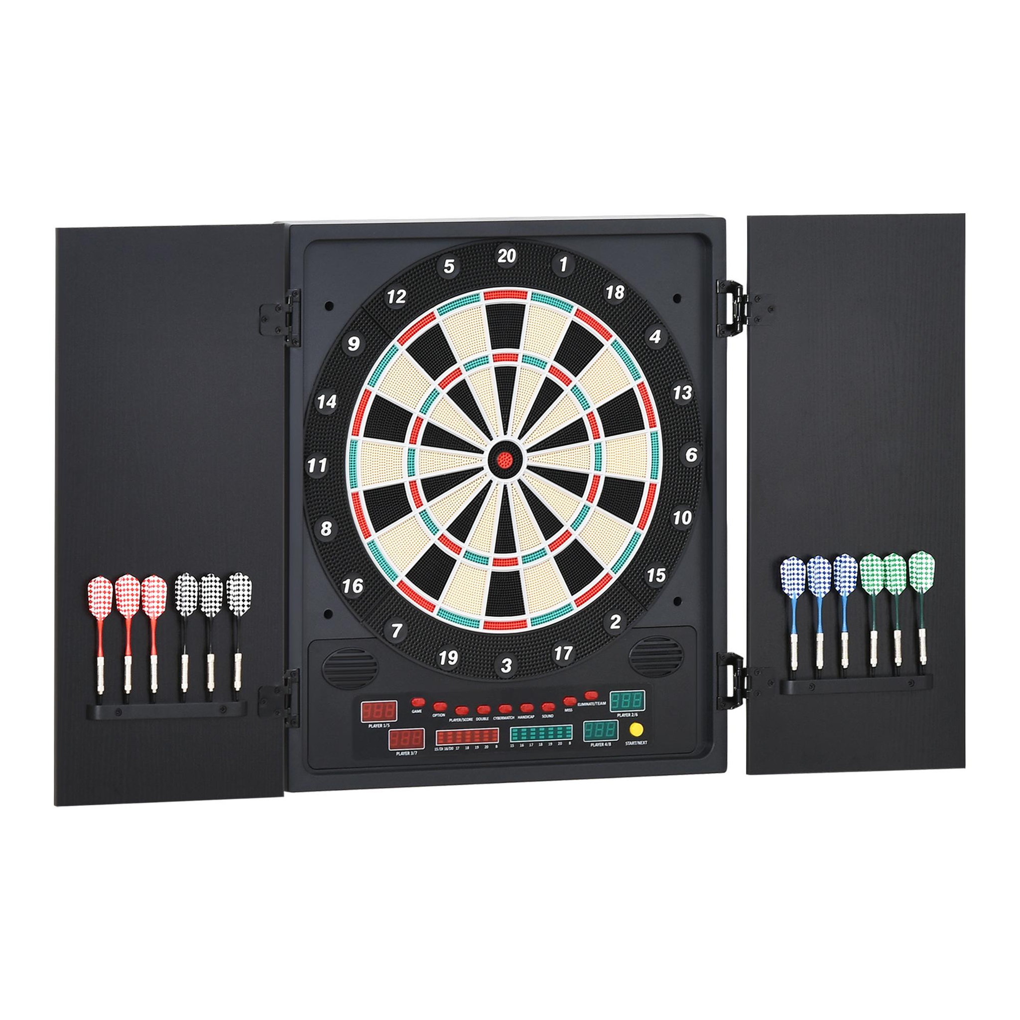 HOMCOM Cible jeu de fléchettes électronique refermable 27 jeux 202 variations jusqu'à 8 joueurs affichage LED haut-parleur noir