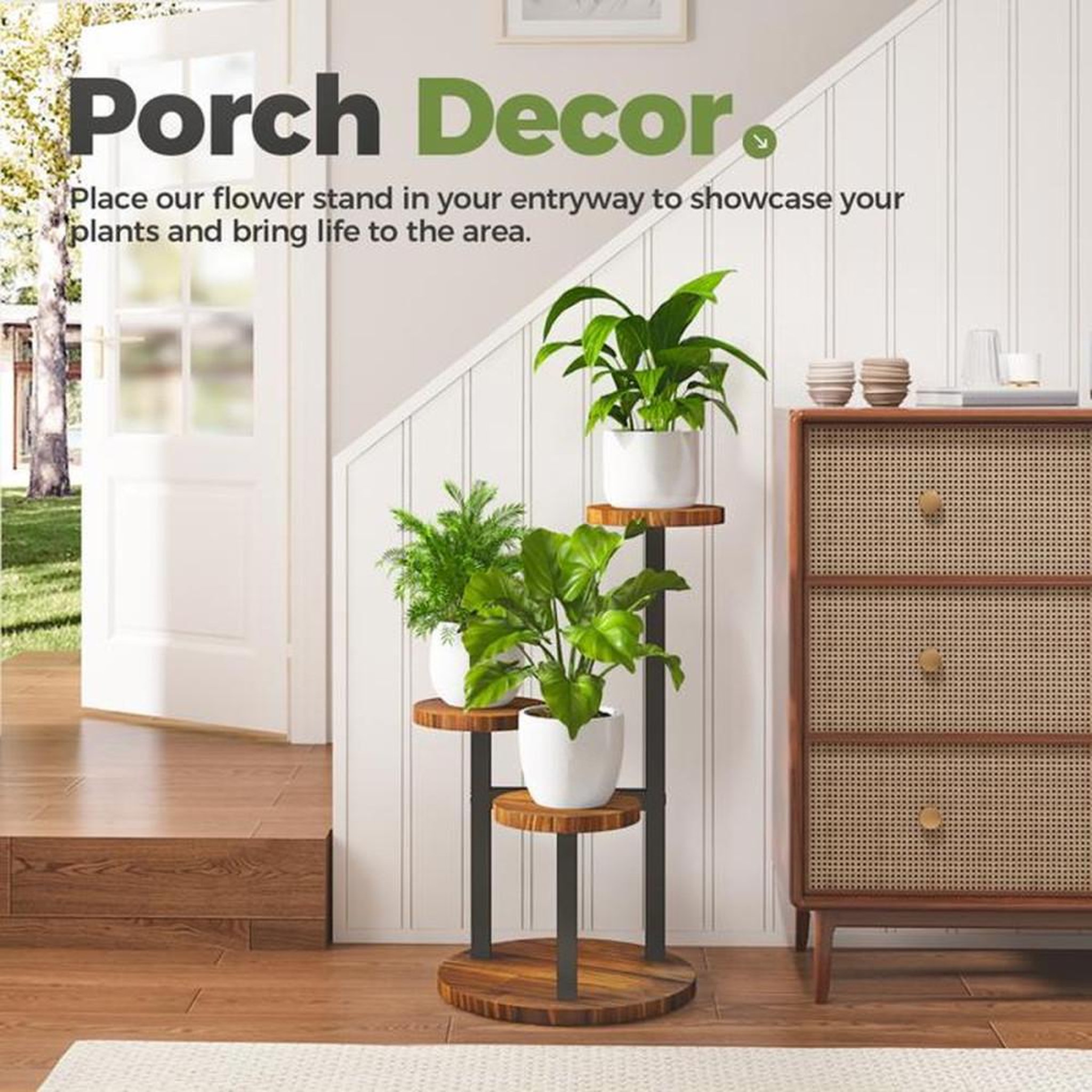 Voir la diapositive 4 : Support à plantes 3 niveaux métal avec tablettes rondes en bois, jaune asymétrique pour intérieur et extérieur