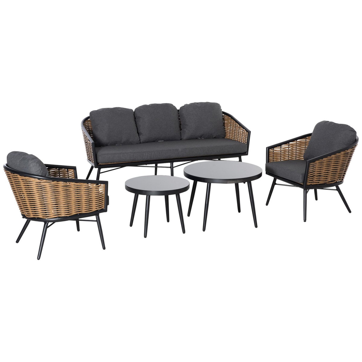 OUTSUNNY Salon de jardin 5 places 5 pièces style colonial tables gigognes coussins grand confort inclus résine tressée aspect rotin
