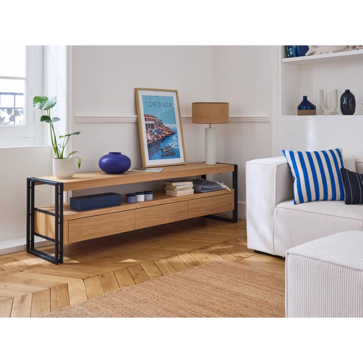 LISA DESIGN Bogota - meuble tv - bois plaquage chêne et noir - 3 tiroirs - 200 cm