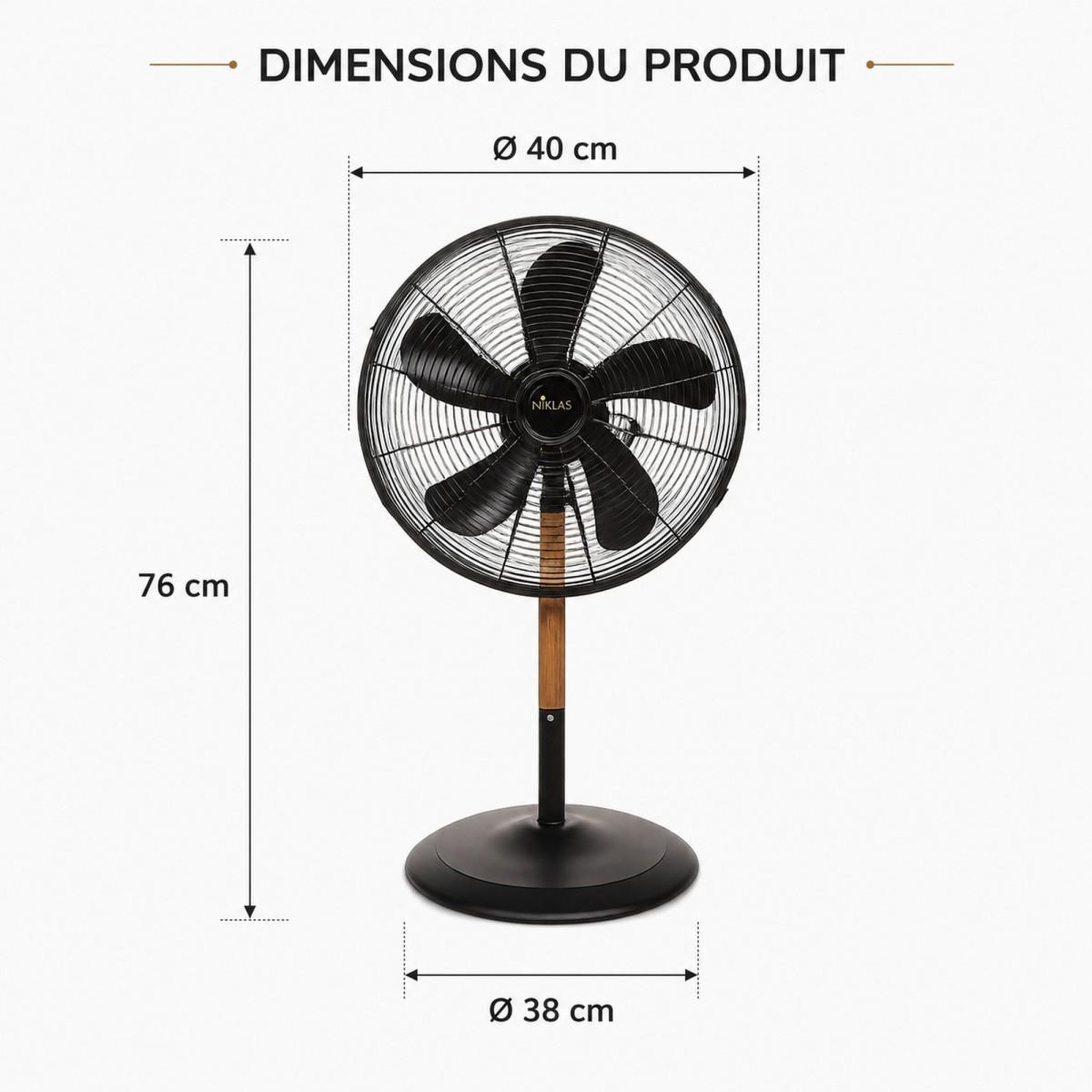 Voir la diapositive 3 : NIKLAS Ventilateur 60w mat en bois - ventilateur 3 vitesses hauteur 76cm tête réglable niklas