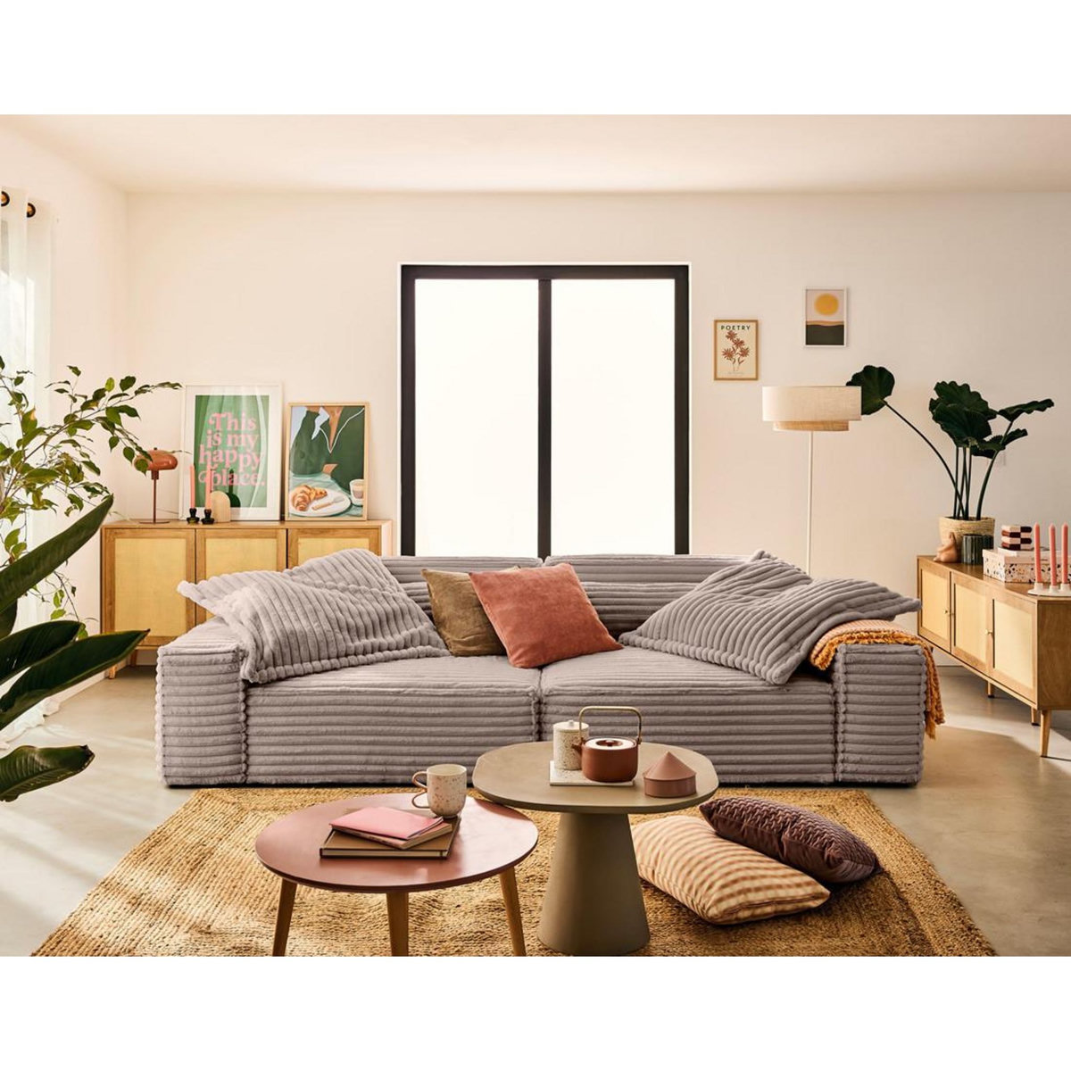 LISA DESIGN Richie - canapé droit 3 places avec double méridienne - assise profonde - en fausse fourrure côtelée