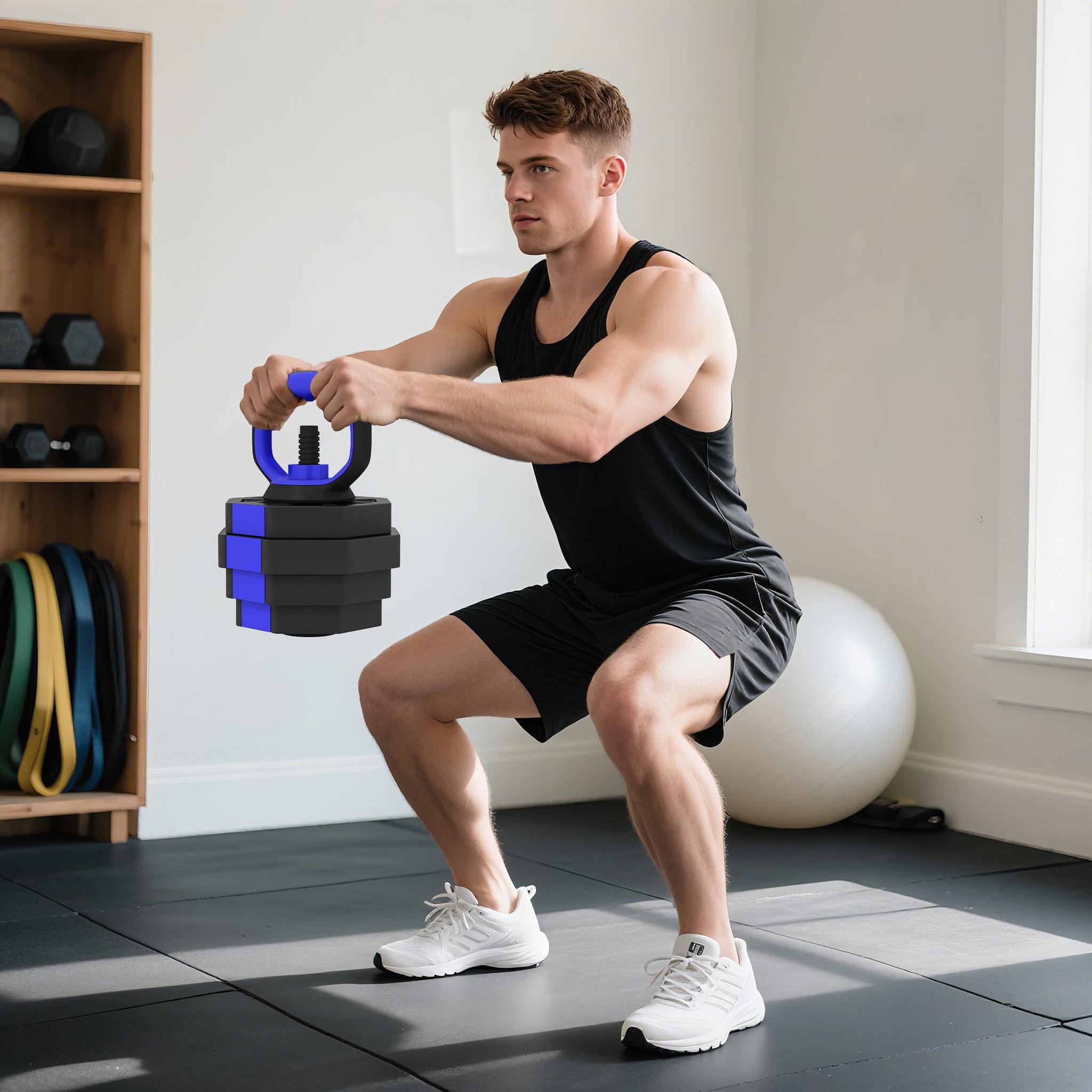 Voir la diapositive 2 : HOMCOM Ensemble d'haltères musculation multifonction 4 en 1 - haltères, kettlebell, push-up support, olympic barre - total 30kg - pvc bleu noir