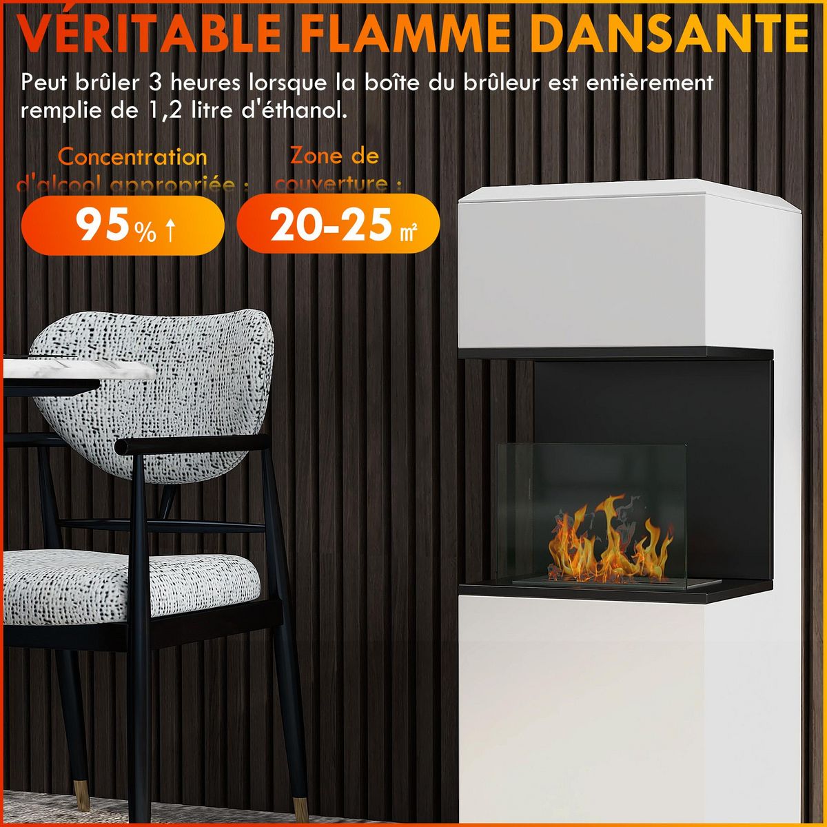 HOMCOM Cheminée bioéthanol design - brûleur 1,2L - contrôle de flamme, manche inclus - verre trempé acier blanc noir