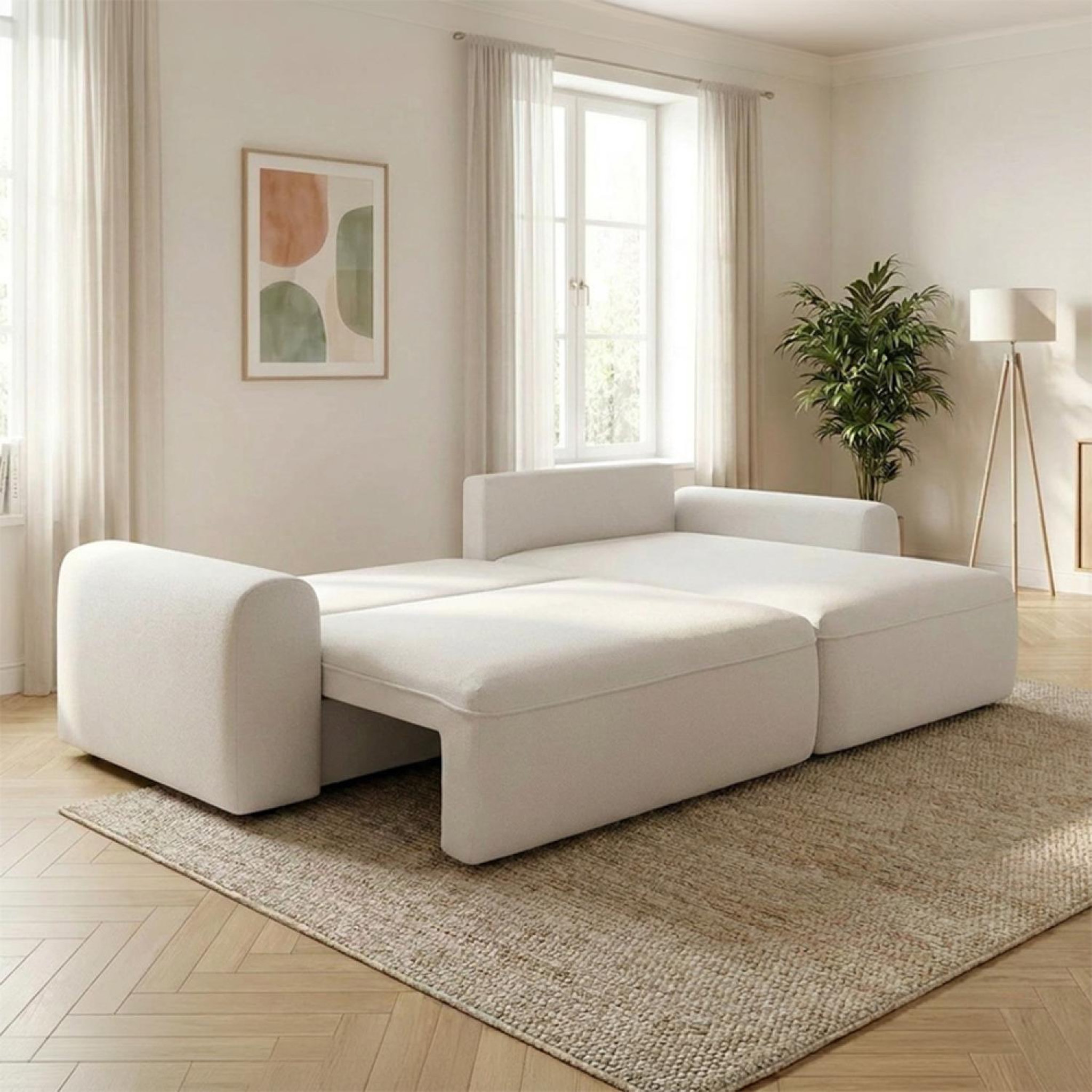 Voir la diapositive 5 : CONCEPT USINE Canapé d'angle convertible 4 places en tissu bouclé avec coffre de rangement belair