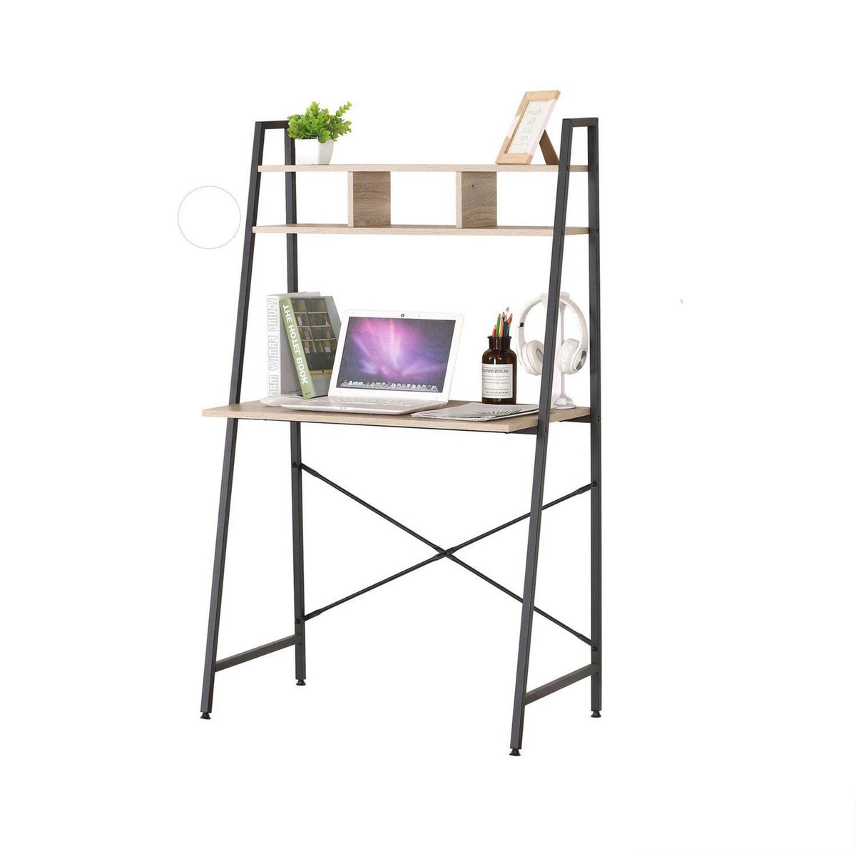 TOILINUX Bureau Colorado avec 2 étagères en MDF et Métal - Beige et Noir