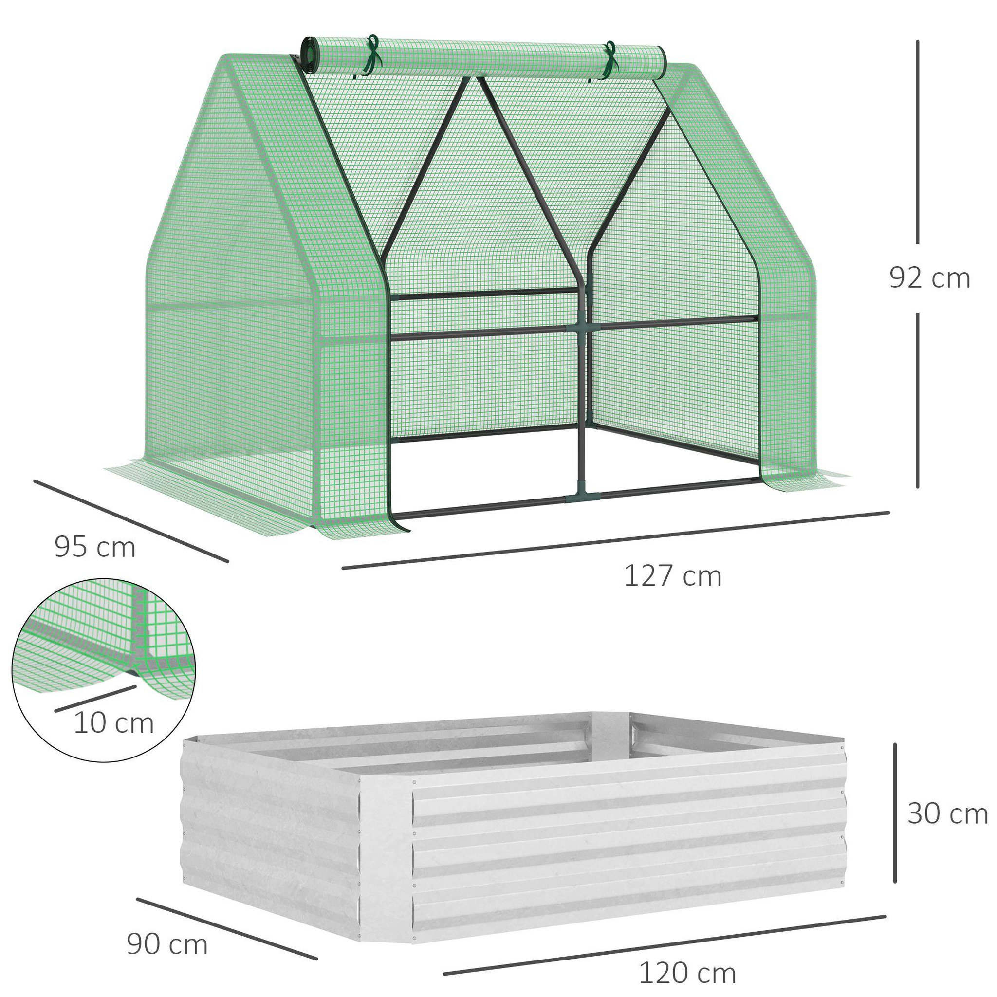 Voir la diapositive 3 : OUTSUNNY Mini serre de jardin serre à tomates avec carré potager - acier thermo-laqué, tôle d'acier ondulée, PE haute densité anti-UV - fenêtre zippée enroulable vert