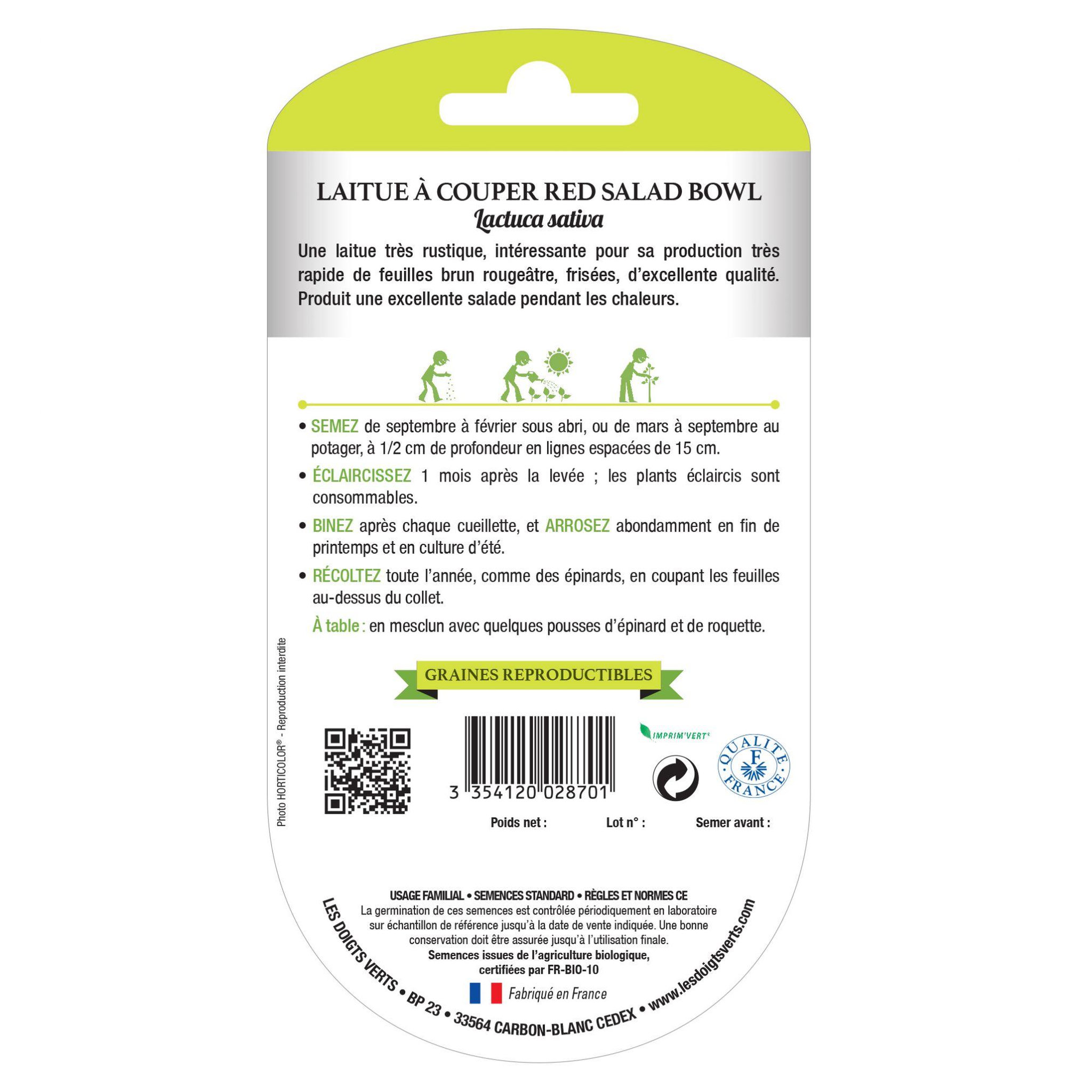 Voir la diapositive 2 : LES DOIGTS VERTS Graines Laitue à couper Red Salad Bowl BIO Les Doigts Verts