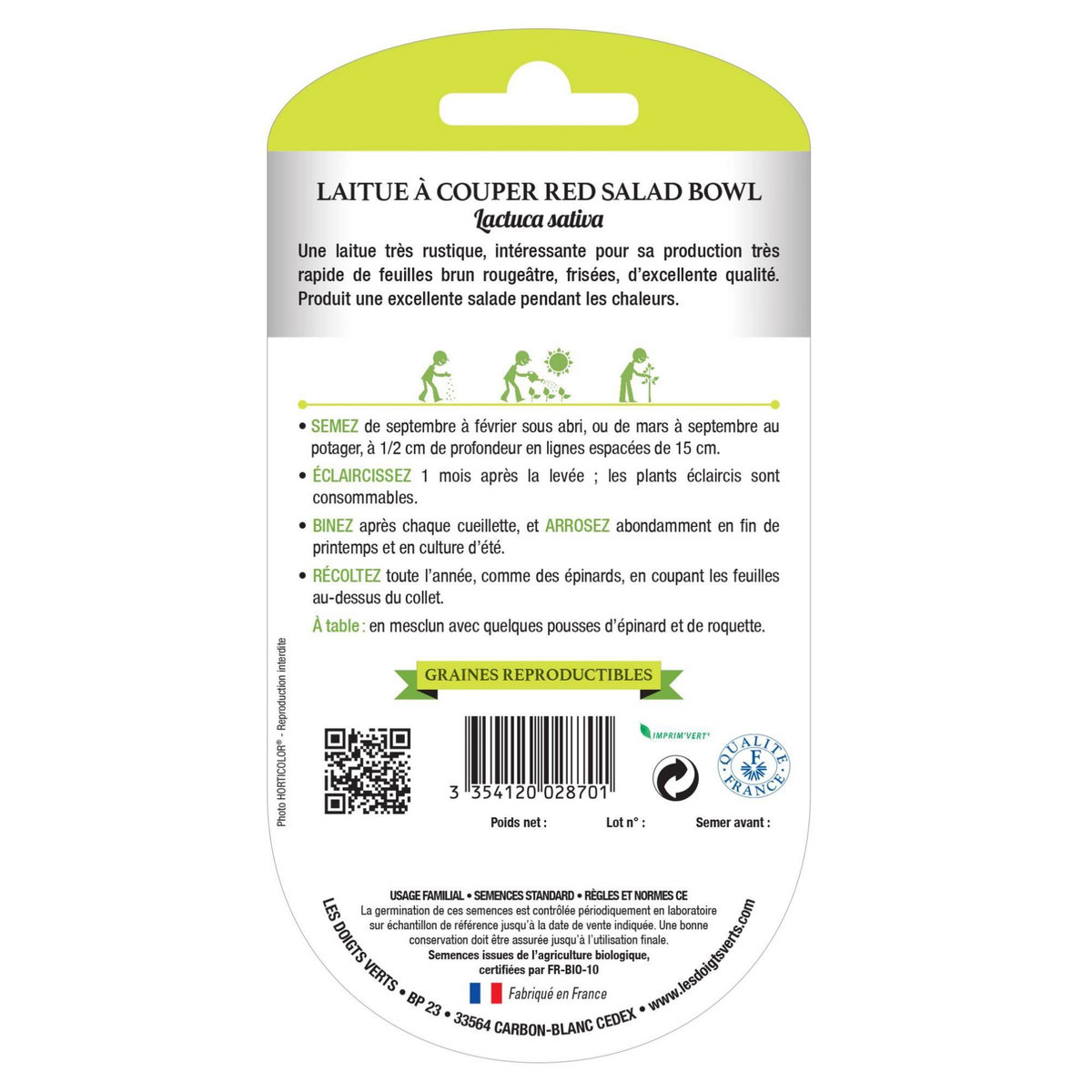LES DOIGTS VERTS Graines Laitue à couper Red Salad Bowl BIO Les Doigts Verts