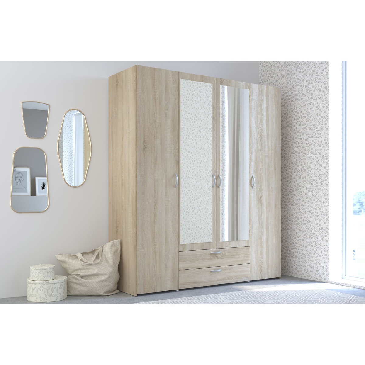 Armoire 4 portes 2 tiroirs 1 miroir L160cm DAISY