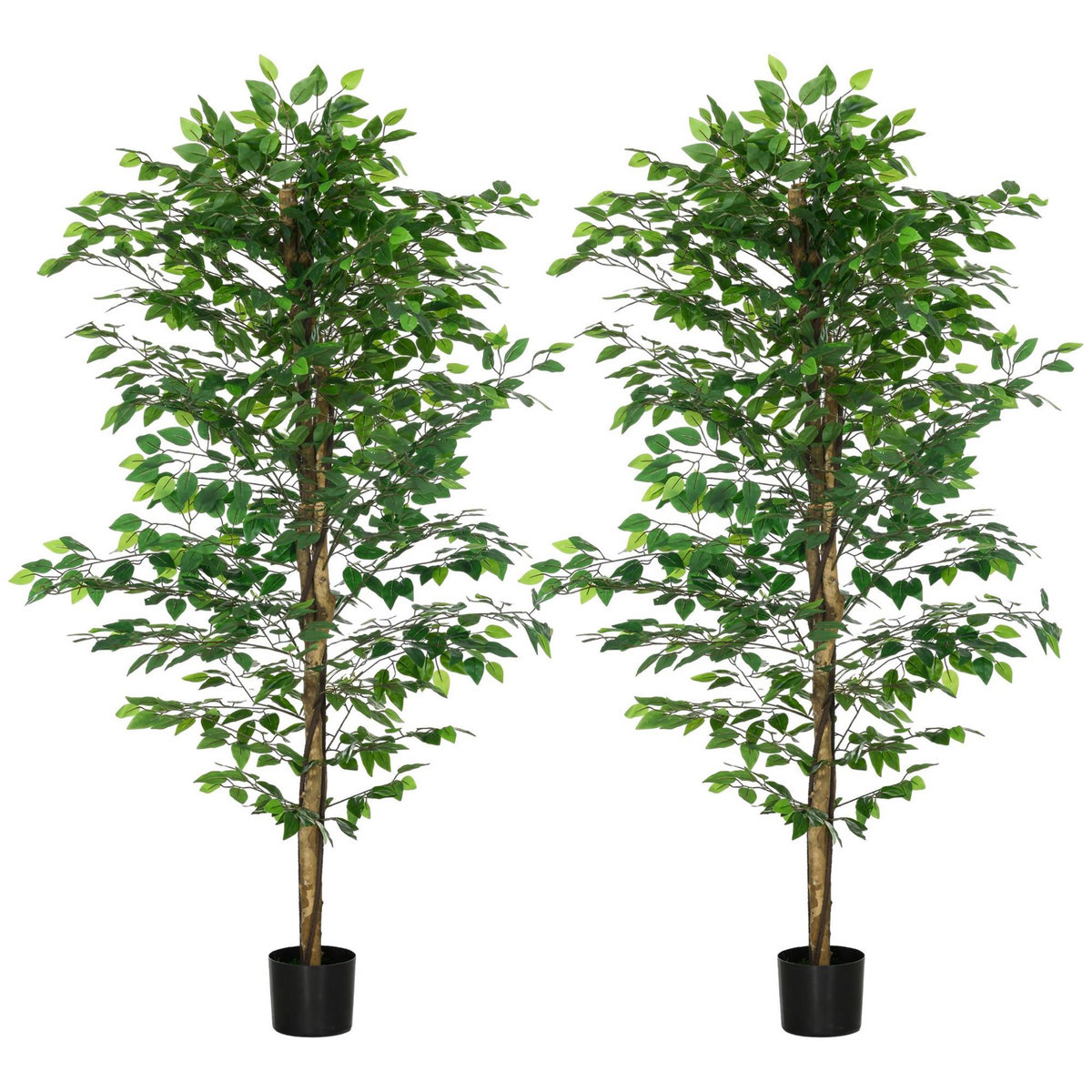 HOMCOM Lot de 2 plantes artificielles arbres ficus H.1,80 m tronc branches liane lichen feuilles grand réalisme pot inclus