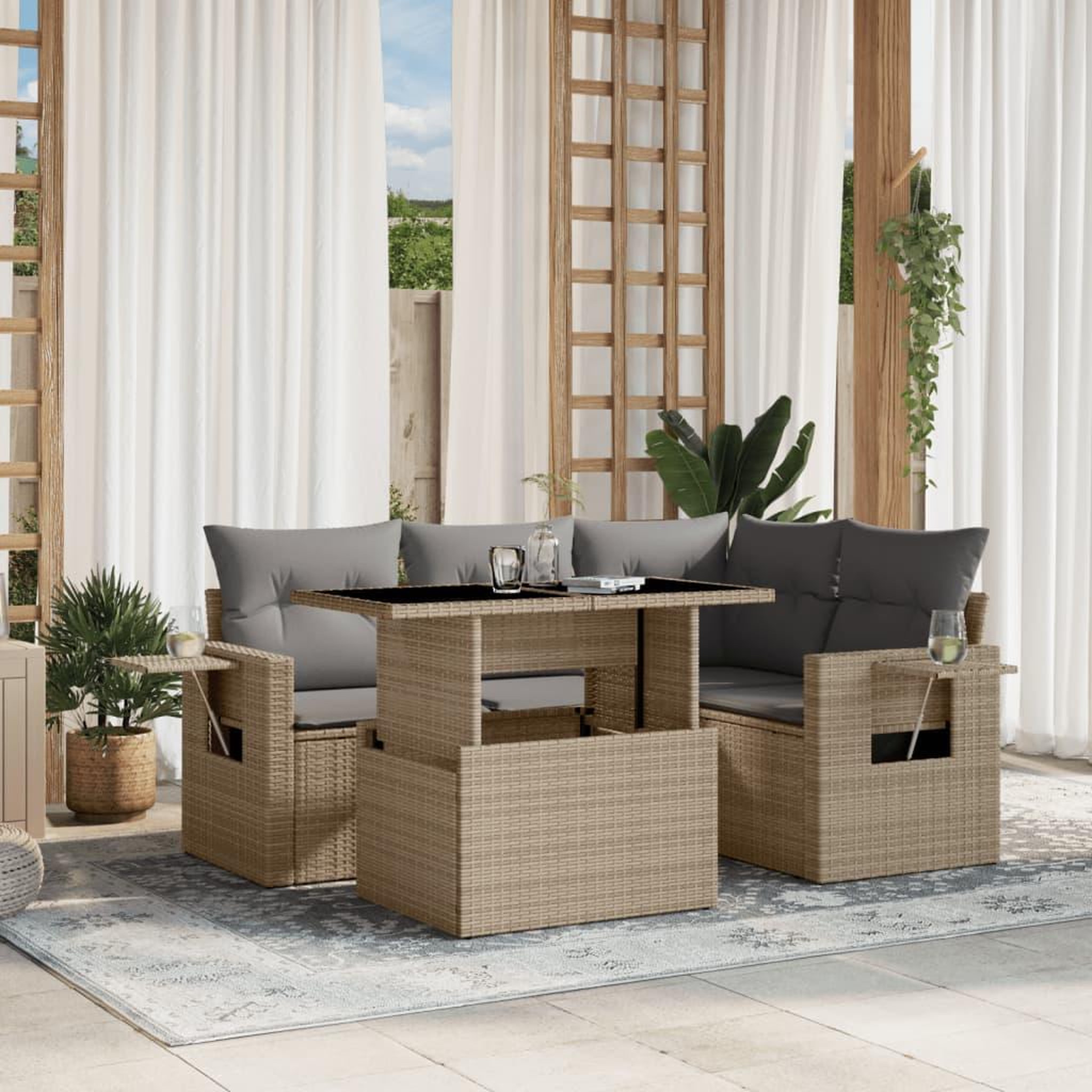 VIDAXL Salon de jardin avec coussins 5 pcs beige resine tressee