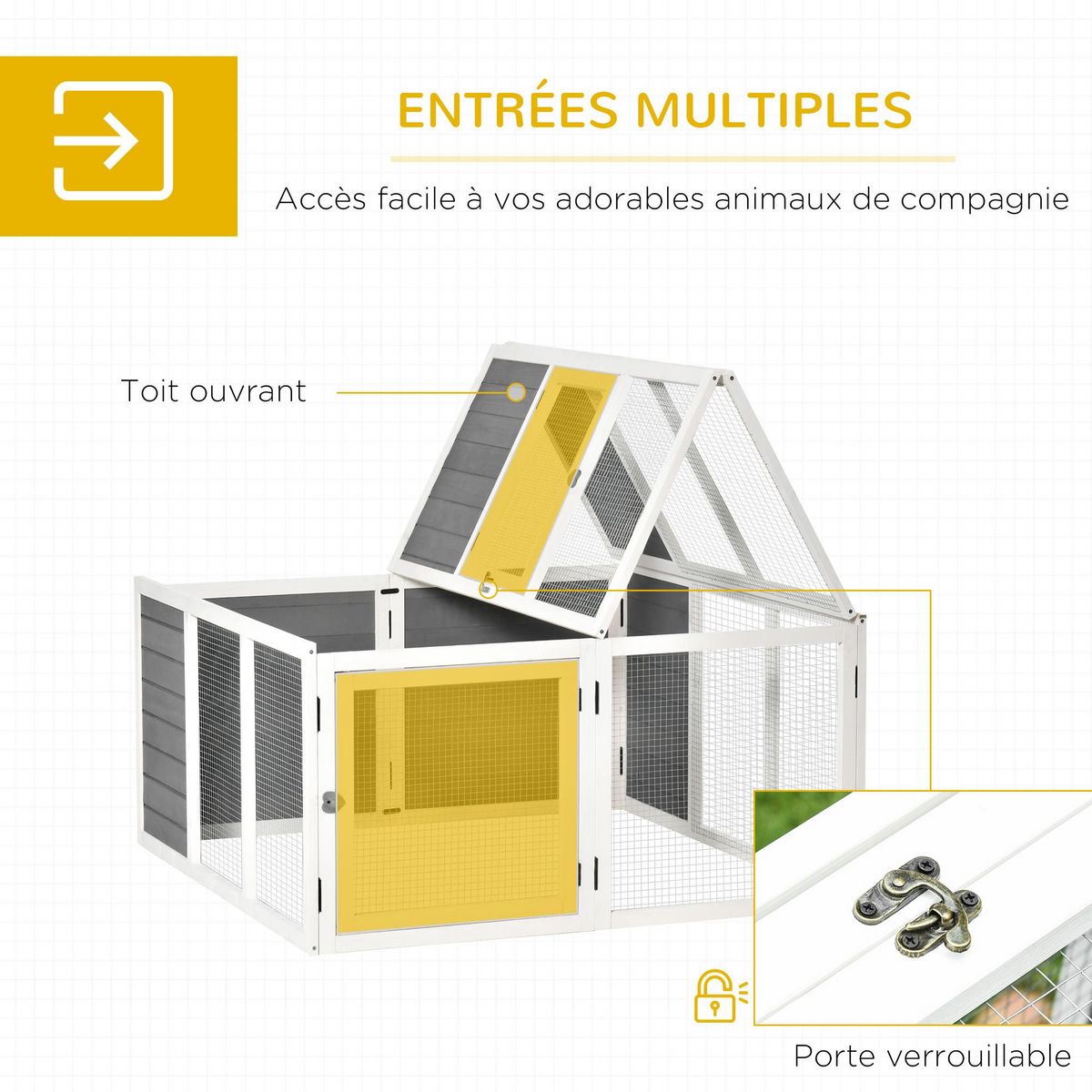 PAWHUT Clapier de sol enclos extérieur 2 portes verrouillables toit pliant ouvrant fil métallique bois sapin pré-huilé peint gris blanc