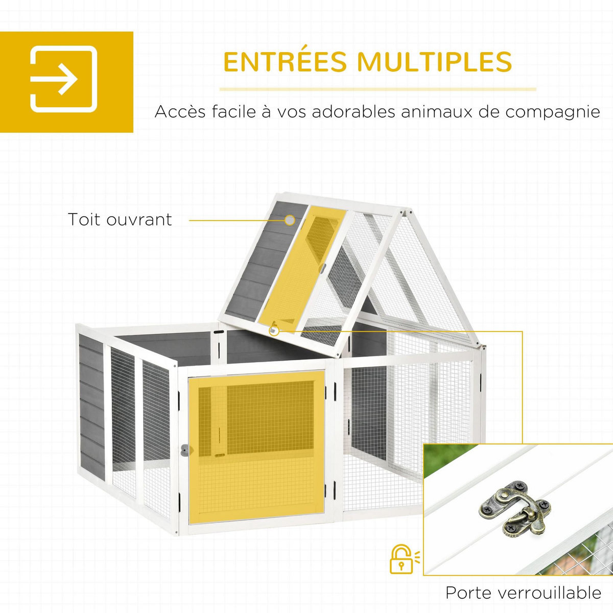 PAWHUT Clapier de sol enclos extérieur 2 portes verrouillables toit pliant ouvrant fil métallique bois sapin pré-huilé peint gris blanc