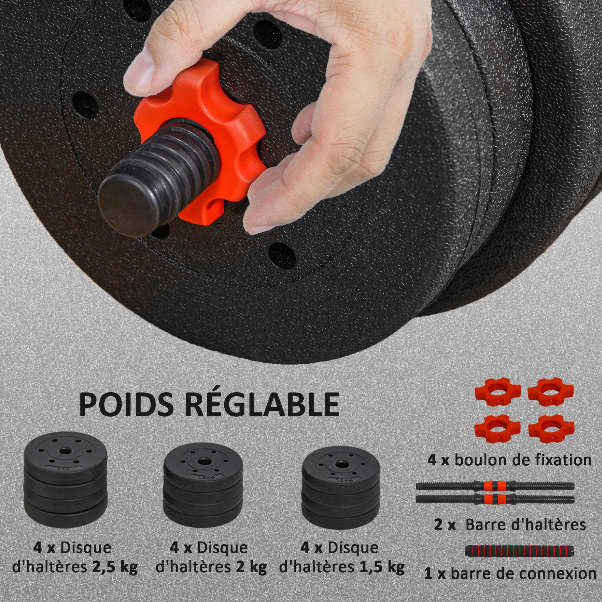 Voir la diapositive 6 : HOMCOM Ensemble d'haltères courtes total 20 kg - barres incluses - entraînement musculaire & haltérophilie - acier hdpe noir rouge